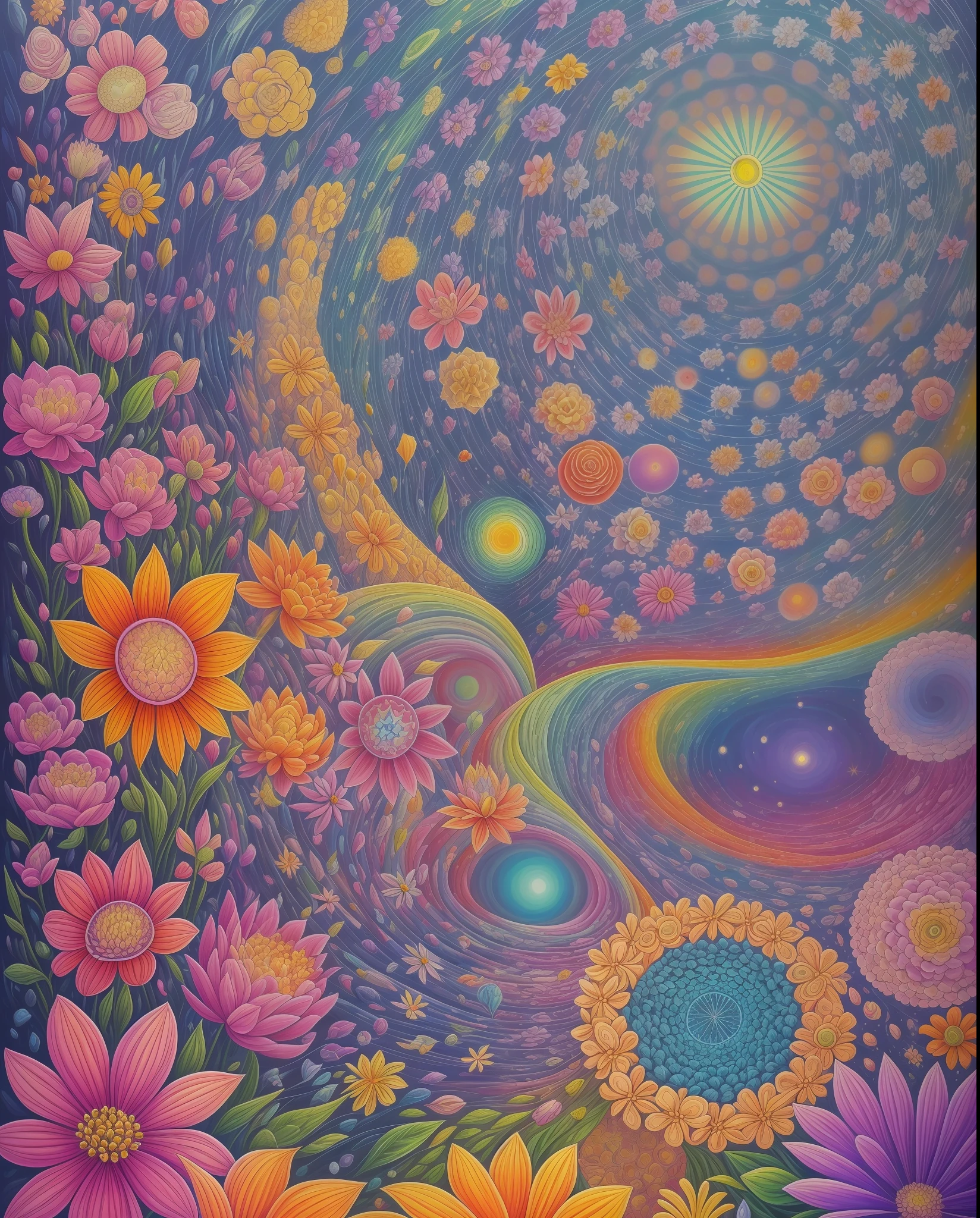 waterfall of cosmic flowers, psychodelic, pintura detalhada, intrincado
