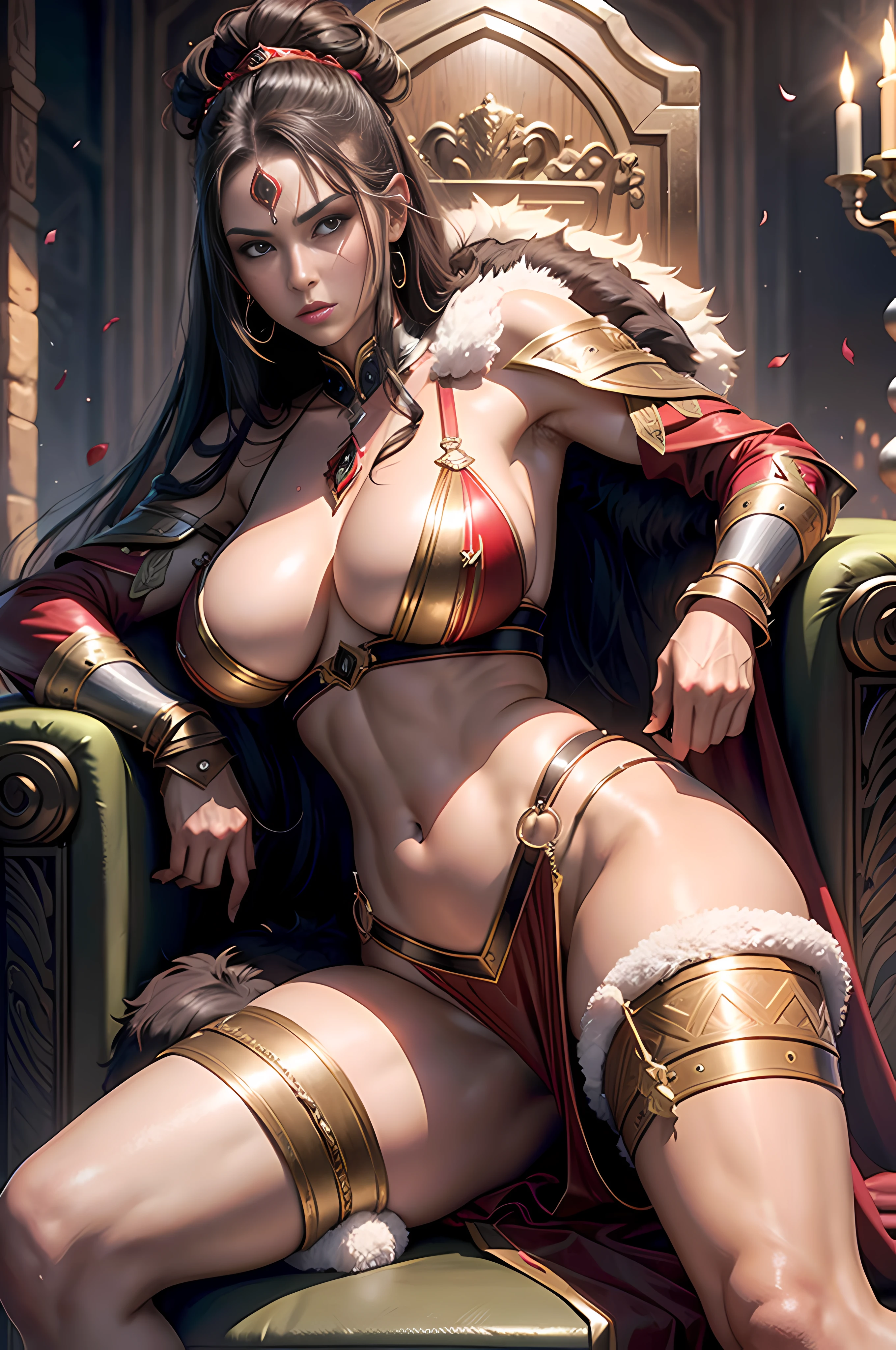 A sexy brunette female warrior，Sit on a fur-covered throne，Red face，Live-action style，Very huge breasts，semi-，sexypose，opening legs，lie，（spread