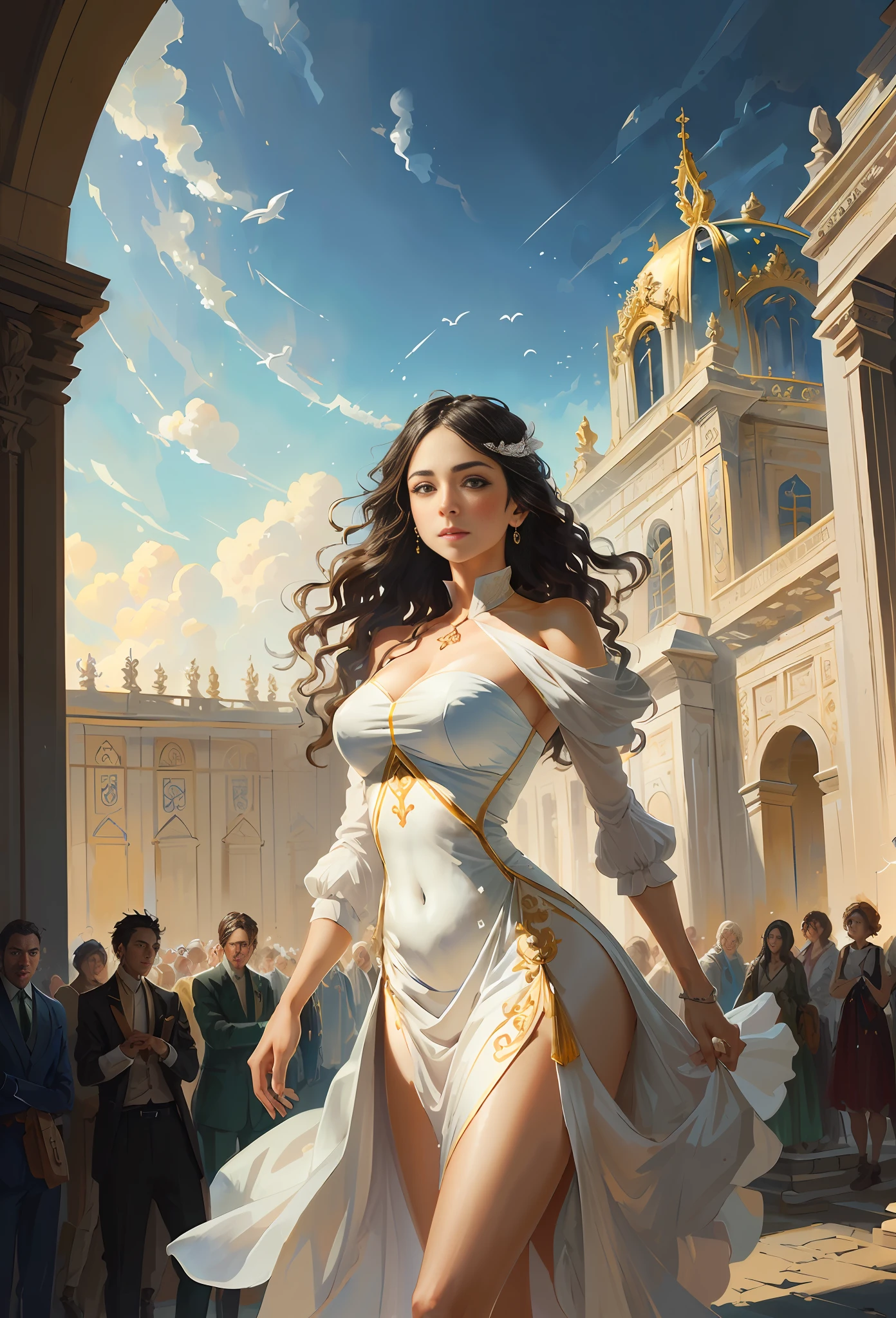 Model shooting style, (extremely detailed CG Unity 8k wallpaper), full-shot body photo of the most beautiful artwork in the world, stunning beautiful photo realistic available, super realistic super detailed photo, a beautiful girl as a female dancer,complex dress, banquet, crowd, [slight smile],(Chateau de Versailles, Pisa Baptistery Of St. John background, Flowers,navel,crowd),(princess eyes, shining pupils),detailed symmetrical beautiful hazel eyes, detailed gorgeous face, highly detailed, Vibrant, professional majestic oil painting by Ed Blinkey, Atey Ghailan, Studio Ghibli, Jeremy Mann, Greg Manchess, Antonio Moro, ArtStation Trends, CGSociety Trends, Complex, High Detail, Sharp Focus, Dramatic, Realistic Painting Art, by Midjourney and Greg Written by Rutkowski