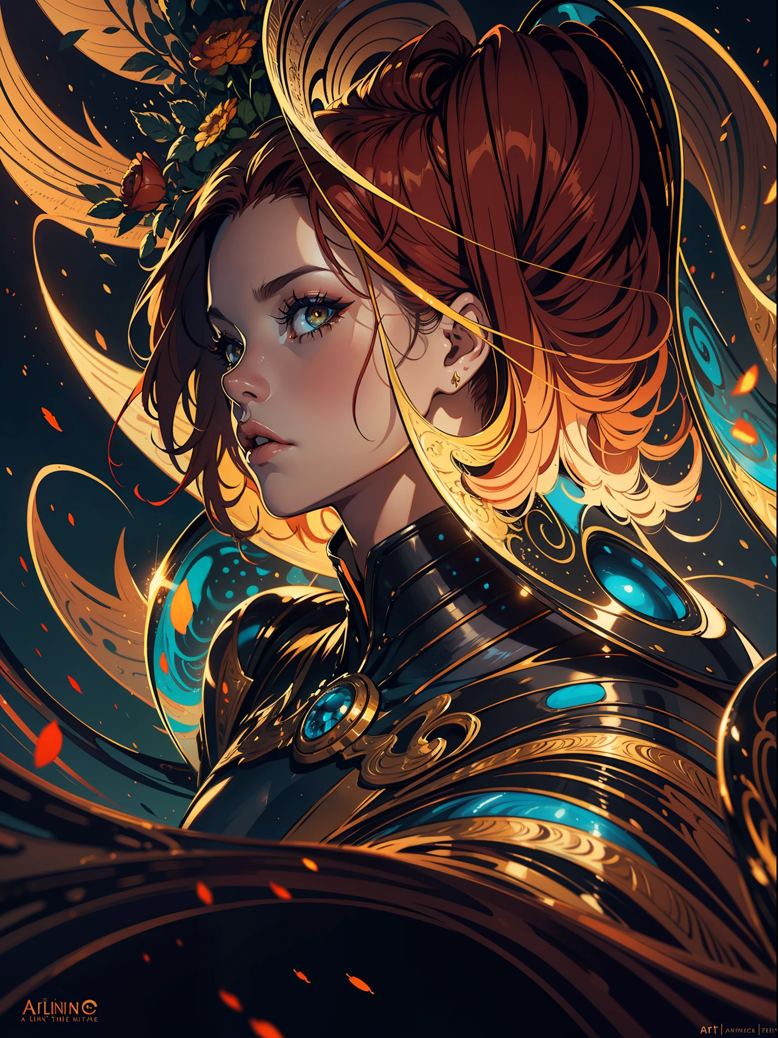 King of the night, god ,close up. Detailed. Red hair, predatory look, covered in ranunculus, by adrianus eversen and pascal blanche and rutkowski repin and Jean-Baptiste Monge and wlop, natural red hair, an ultra hd detailed painting, digital art, dust particles, beautiful, glittering, filigree, rim lighting, lights, extremely magic, surreal, fantasy, digital art, drops, artgerm and james jean, cinematic, by pascal blanche, rutkowski repin, artstation, hyperrealism painting, concept art of detailed character design, matte painting, 8K resolution, blade runner