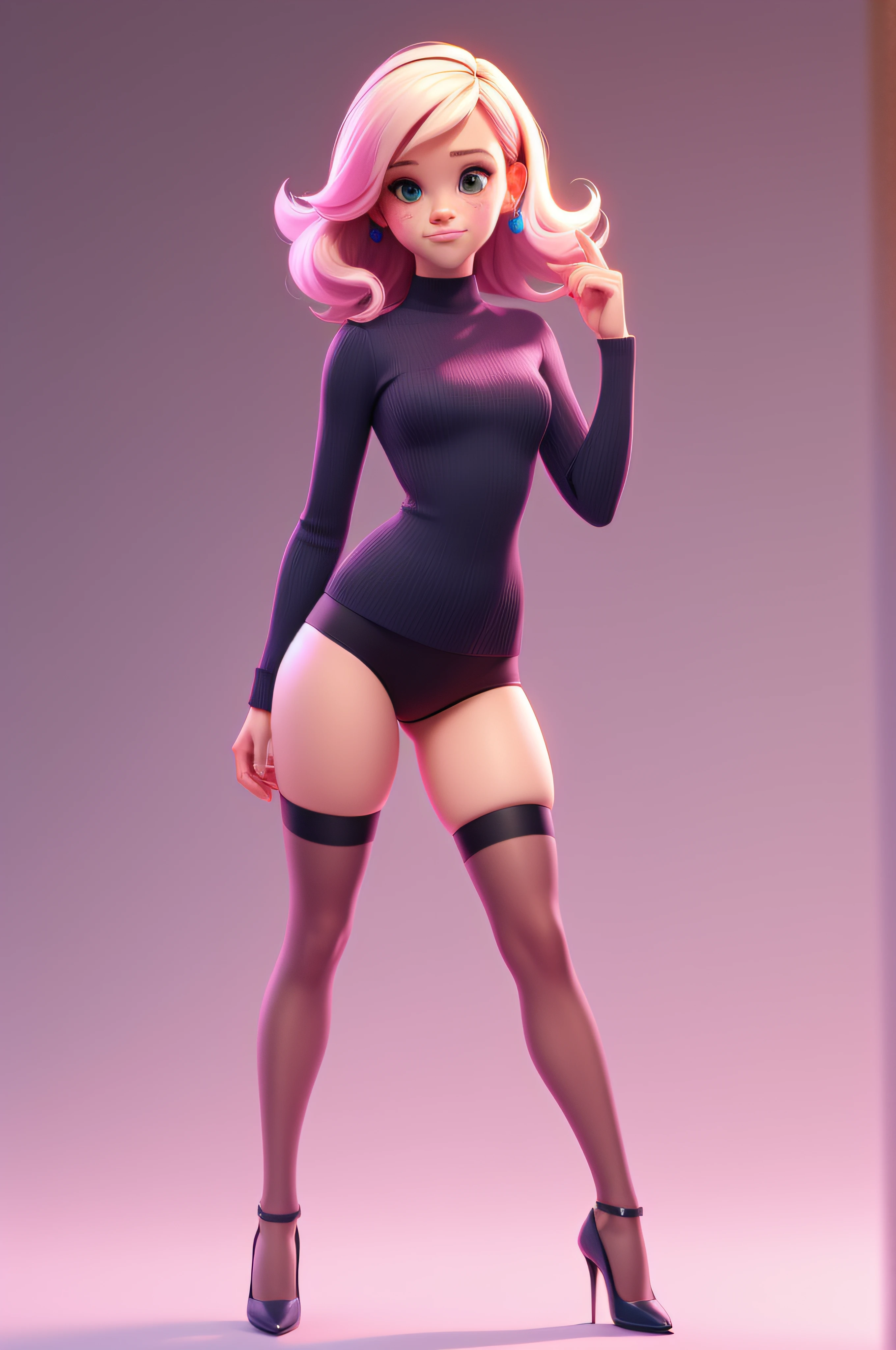 3dcharacter, american actress reese witherspoon, freckles, hazel eyes eyes, pink frohawk, , thigh high stockings, high heel pumps, brazilian underwear, tube top,(full body:1.2),simple background, masterpiece,best quality,(light plum gradient background:1.1)