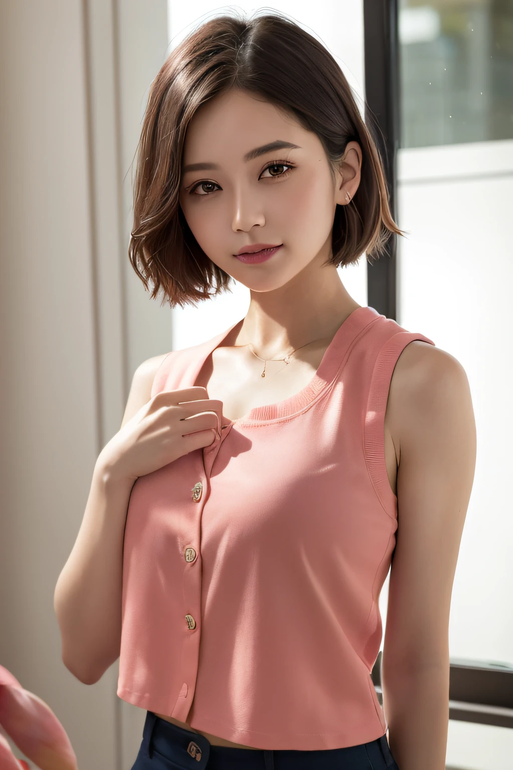 The girls1people、a mature female、vests、Bow、a photo、realisti、beste Quality、((Peach blossom order))、detailed faces、Slim body、s Office、Building from the window、detailed backgorund、Diffused sunlight、Depth-of-field、bokeh feeling、full full body、Unbuttoning a shirt,Hands on chest