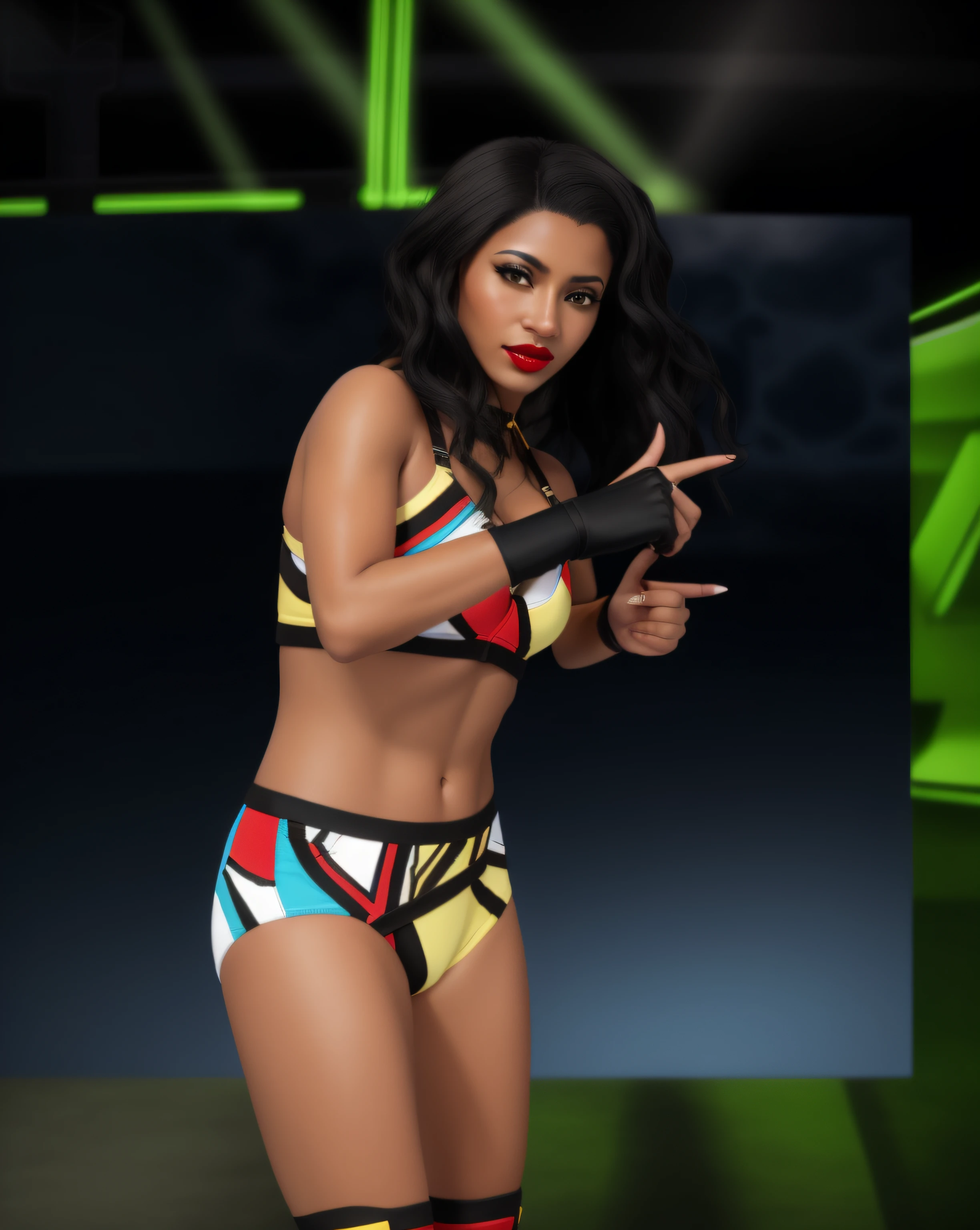 Dark-haired Afro-Latina, in red yellow beige blue and black bra, red yellow beige blue and black trunks, red yellow beige blue and black knee-pads, black hand-wraps, red fingernails, lipstick, doing finger guns pose, photo realistic, intricate details