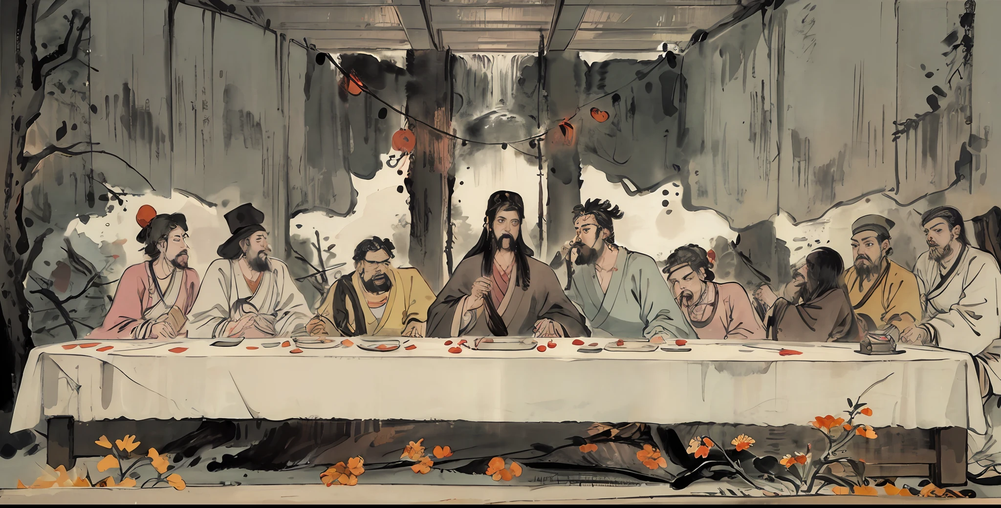 (masterspiece，best qulaity：1.2），chinese traditional ink painting，A large waterfall between high mountains，choppy，Yellow River，a painting of the last supper of jesus, the last supper painting, !!posing_as_last_supper, last supper composition, Chinese Confucius and students in the last supper, restored painting, last supper, the last supper, dnd last supper, zhangdaqian  painting, China ink painting, watercolor painting, by Wu Guanzhong and Qi Baishi