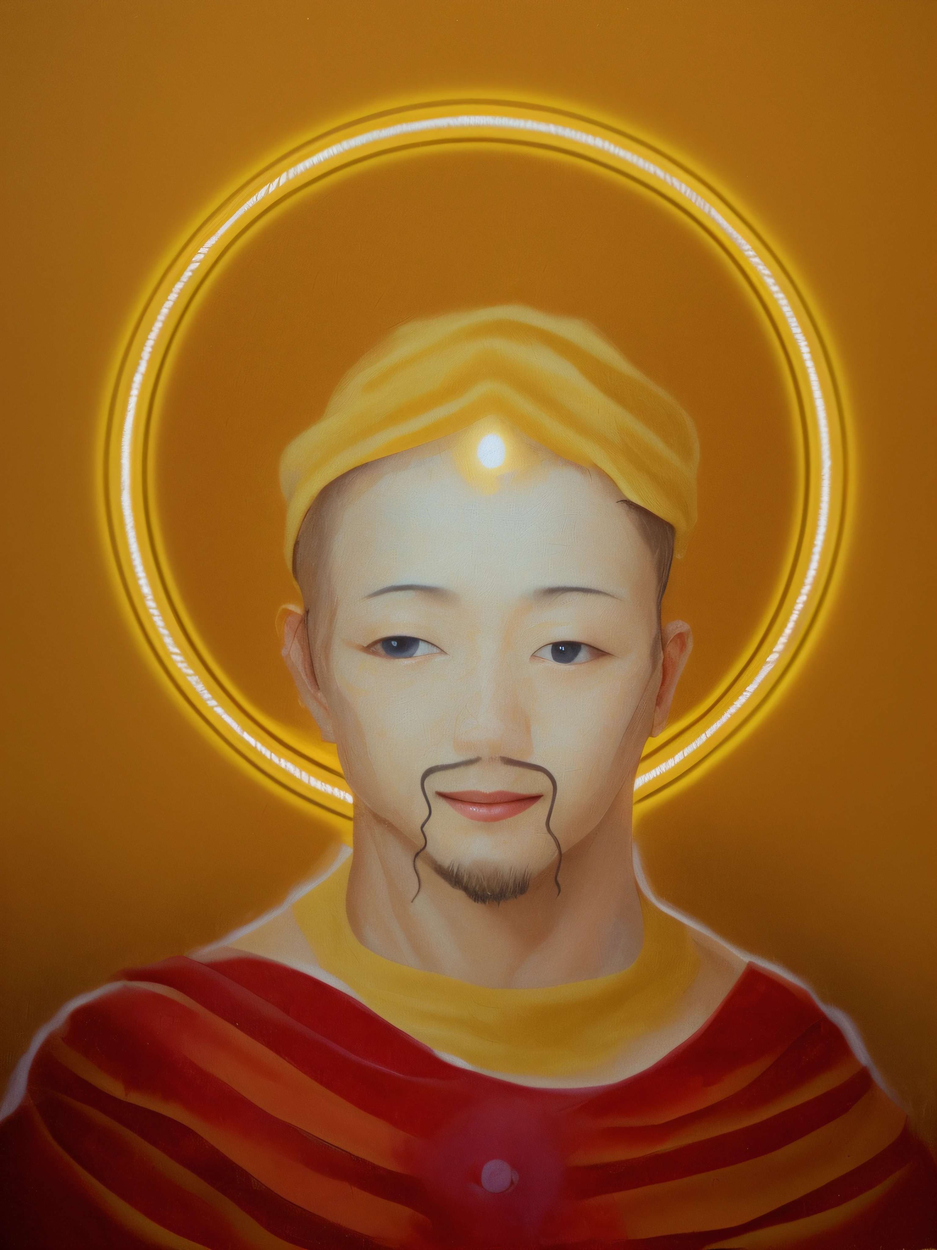 pintura de um homem com um turbante dourado, halo on the head, Chinese, Photo of a Chinese monk, com turbantete amarelo e detalhes dourados, o monge tem uma joia branca colada na testa e usa um colar largo de ouro, bigode longo fino e liso, Chinese style, Skinny monk with red tunic and golden details, possui um olhar sereno e um ponto de luz no peito, Hiperrealismo, 8K, Jovial magical atmosphere, exata, profundidade de campo, VFX, realista