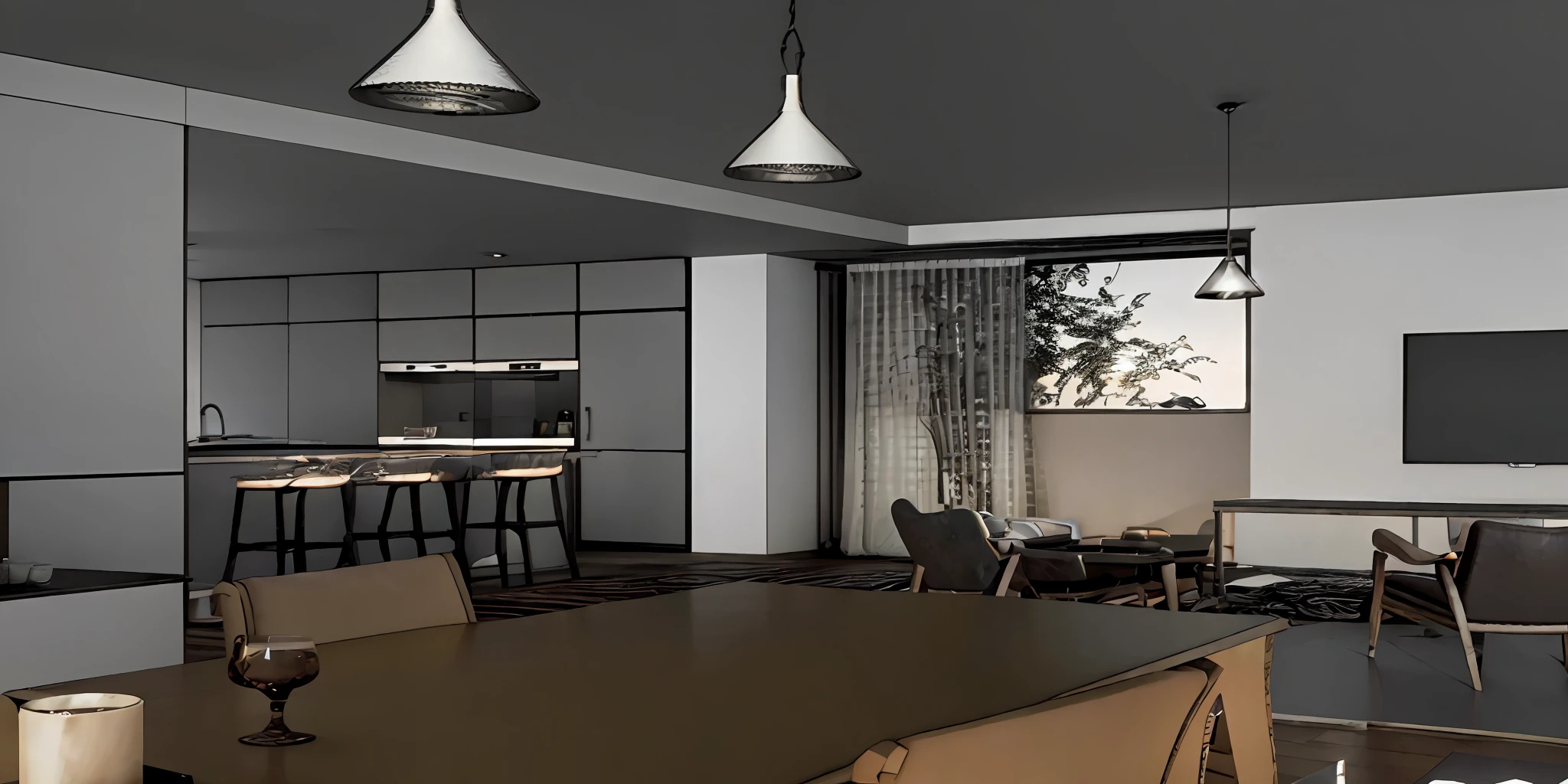 a rendering of a living room with a bar and a dining table, comprehensive 2 d render, 3d-render, 3D rendering, 2 d render, detailed 3d render, detailed 3d render, highly detailed 3d render, Detailed rendering, highly detailed 3d render, very detailed render, fully detailed render, in style of 3d render, enscape render