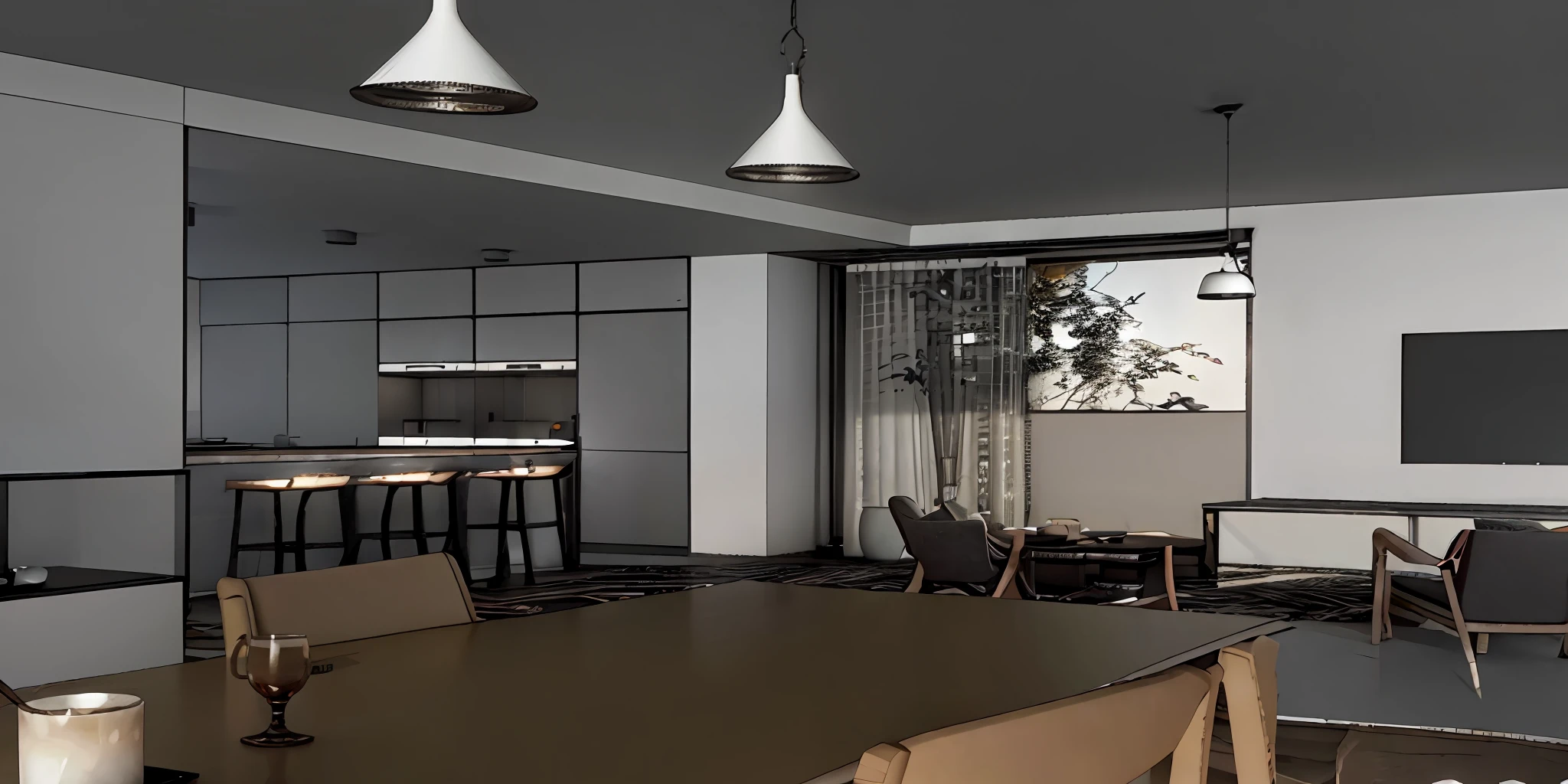 a rendering of a living room with a bar and a dining table, comprehensive 2 d render, 3d-render, 3D rendering, 2 d render, detailed 3d render, detailed 3d render, highly detailed 3d render, Detailed rendering, highly detailed 3d render, very detailed render, fully detailed render, in style of 3d render, enscape render