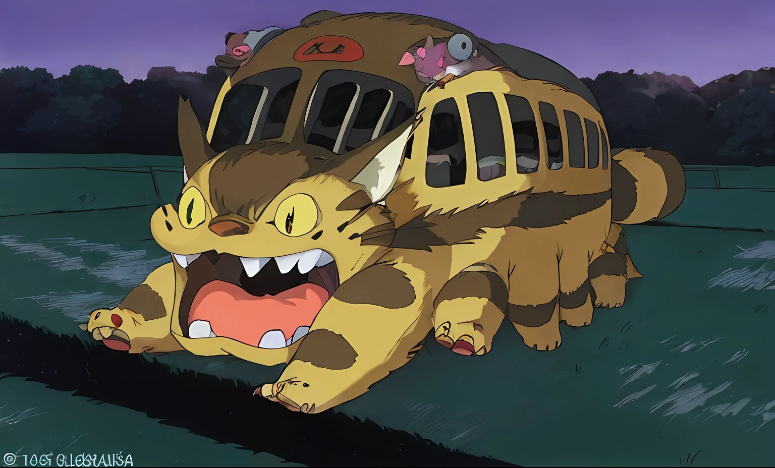 anime picture of a cat with a bus in the background, miyazaki's animated film, totoro, totorrl, hidetaka miyazaki, from the studio ghibli film, by Miyazaki, stuido ghibli, ghibli animated film, anime cat, ghibli style, in the studio ghibli anime film, studio ghibli anime, my neighbor totoro