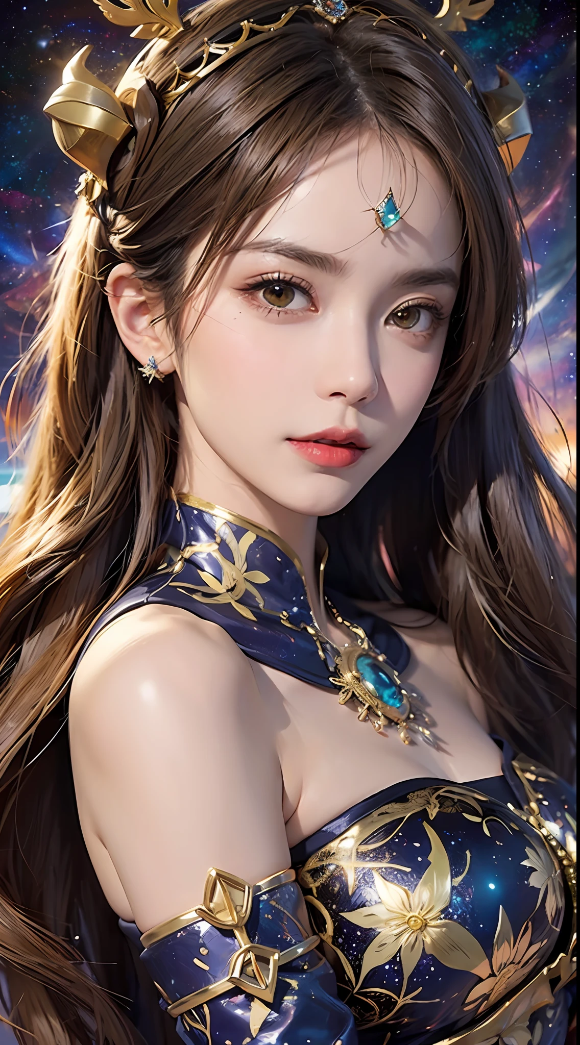 1 27-year-old girl, 1 zodiac goddess from the future, goddess of the pink and purple 12 zodiacs, the goddess of the zodiac in a yellow ao dai, a 12 zodiac ao dai with many black lace detail, mythology Goddess of the 12 zodiacs from the future, zodiac ♏, luxurious glittering zodiac style, dark and mysterious version, zodiac crown, lipstick lips red, thin and beautiful lips, don't smile, keep your mouth shut, characters made by karol bak and pino daeni, intricate detail, detailed background, extremely detailed, light magic, a woman, clear face, look at the face of goddess zodiac look at the zodiac goddess face, round breasts, Big and round breasts, phoenix hair brooch, hair long with bangs, beautiful face in detail and well-proportioned eyes, (transparent yellow eyes: 1.8), big round eyes and very beautiful and detailed makeup, foresight, silk dress, mysterious makeup, Bangles, double bangs and dyed light blonde, upper body, (zodiac goddess upper body: 1.9), arms hanging loosely, Realistic and vivid photo, (stars make up the zodiac: 1.7), (sky background zodiac and fictitious space and time portal: 1.8), fiction art, RAW photo, hanfu picture, best photo, high_res, best quality, best photo quality, 8k quality, 8k ultra, super realistic, real photo most economical, artistic portrait of goddess zodiac, 1 symbol of 12 zodiac signs on the back, single portrait of 1 zodiac goddess, The most realistic color scheme, the best photo color, masterpiece, hair ornament, necklace, jewelry, Beautiful face, upon body, tyndall effect, photo realistic, dark studio, rim lighting, two tone lighting, (high detailed skin:1.2), 8k uhd, dslr, soft lighting, high quality, volumetric lighting, candid, Photograph, high resolution, 4k, 8k quality, Bokeh, Smooth and sharp, increase the pixel by 10x, Charming zodiac goddess, sexy zodiac goddess, (background space:1.8), (galaxy: 1.7), aurora, lightning, (Auroral Background: 1.8) <lora:locon_perfecteyes_v1_from_v1_