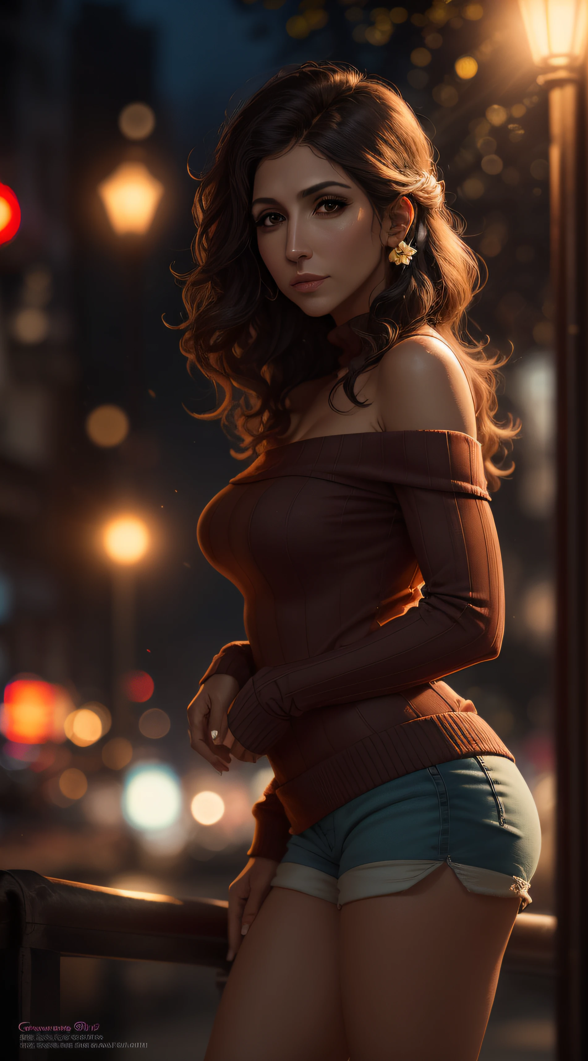 Jennifer Esposito,peitos grandes,(Masterpiece), melhor qualidade, extremamente detalhado, (Aquarela), flor, delicado e bonito, illustation, (de baixo),(1Menina:1.4), (somente:1.2), peitos grandes, (Ribbed sweater:1.3), off-shoulder sweater, (short shorts:1.2), ombros nus, (Peito Inferior), ((pele escura:0.8)), olhos bonitos, (cabelos desgrenhados), fotografia, tiro por cima do ombro, Directed by: Alex Maleev, profissional, Canon Camera, Nikon Camera, Sharp, Bokeh, studio quality, lente olho de peixe, Directed by: Robert Capa, --auto