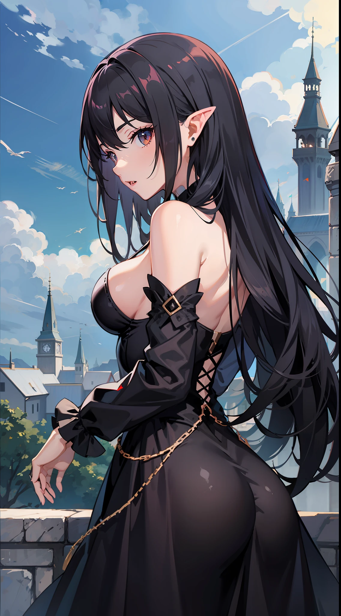 anime, vampire lady, gray long hair, black dress, shoulders, hit ass, butt, vampire castle tower