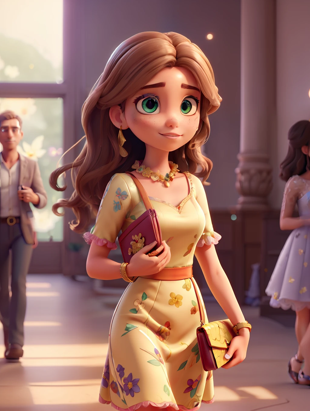 Pixar style, photo of a stunning beautiful Brazilian woman supermodel character, honey eyes, long messy windy light brown hair, flipping hair, closeup zoomed in tight crop portrait, walking down a (runaway at a fashion show scene people:1.2) wearing a (fluttering floral high couture dress:1.3) (expensive clutch bag on her hand:1.3) (Lighting-Gold:1.2) foreground objects background details (masterpiece:1.2) (photorealistic:1.2) (bokeh:1.2) (best quality) (color grading) (detailed skin:1.3) (intricate) (8k) (HDR) (cinematic lighting:1.3) (sharp focus), messy windy hair, cute big circular reflective eyes, Pixar render, unreal engine cinematic smooth, intricate detail
