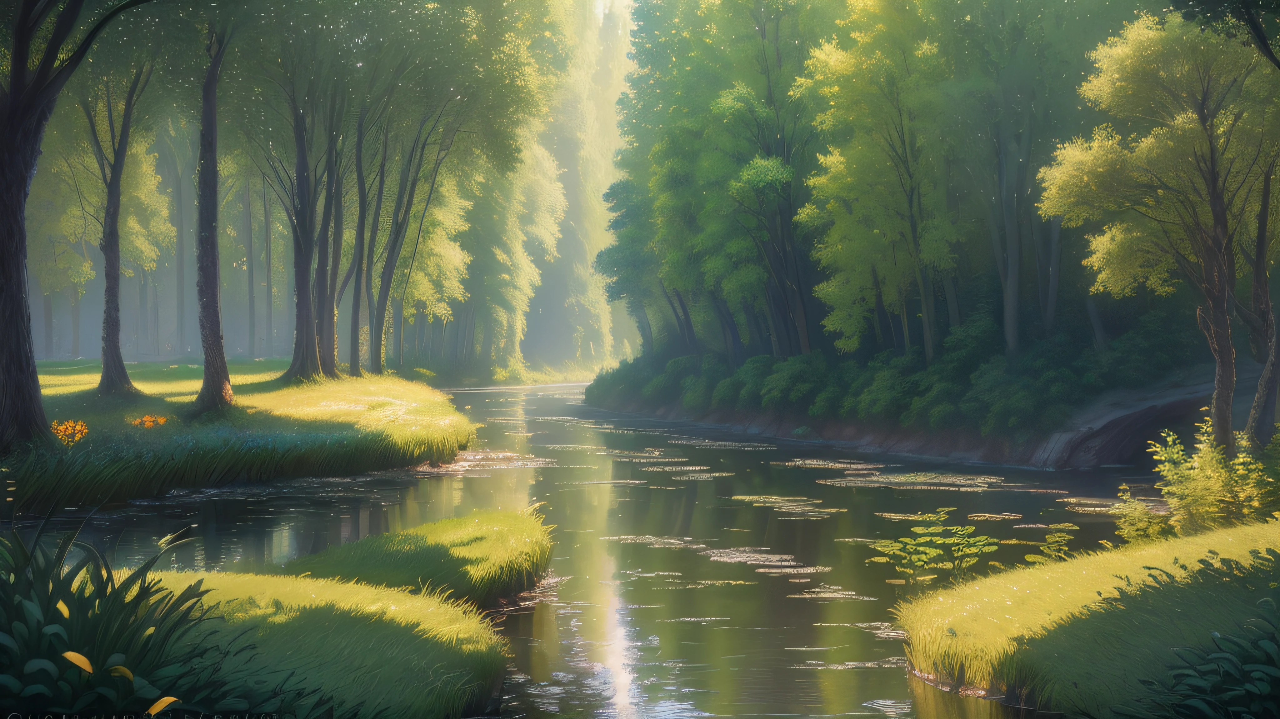 Analog style,ChromaV5,nvinkpunk,(extremely detailed CG unity 8k wallpaper),An image of a majestic river, trees on the sides, tiny waterfall, intense fog ,award winning photography, Chromatic Aberration, Detailed , HDR, Bloom, style by Monet, Pissarro, and Sisley ,trending on ArtStation, trending on CGSociety, art by midjourney
