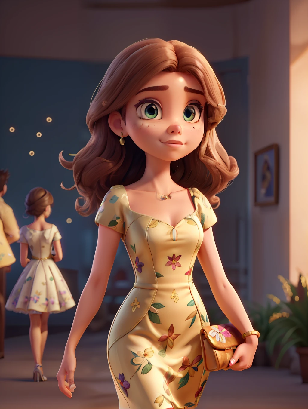 Pixar style, photo of a stunning beautiful Brazilian woman supermodel character, honey eyes, long messy windy light brown hair, flipping hair, closeup zoomed in tight crop portrait, walking down a (runaway at a fashion show scene people:1.2) wearing a (fluttering floral high couture dress:1.3) (expensive clutch bag on her hand:1.3) (Lighting-Gold:1.2) foreground objects background details (masterpiece:1.2) (photorealistic:1.2) (bokeh:1.2) (best quality) (color grading) (detailed skin:1.3) (intricate) (8k) (HDR) (cinematic lighting:1.3) (sharp focus), messy windy hair, cute big circular reflective eyes, Pixar render, unreal engine cinematic smooth, intricate detail