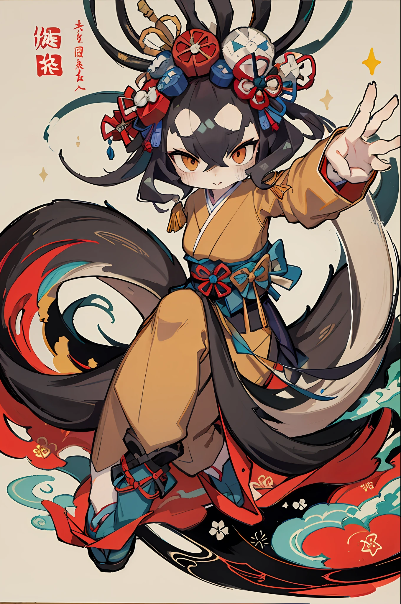 sumi-e inspired 2D artwork, japanese giant hornet, Graceful, bamboo trees, Japanese ink painting aesthetic, delicate brushwork and fluid lines, ornate detailing and harmonious washes of ink, majestic creature, Serenity, black brown orange, created by Katsushika Hokusai and Qi Baishi