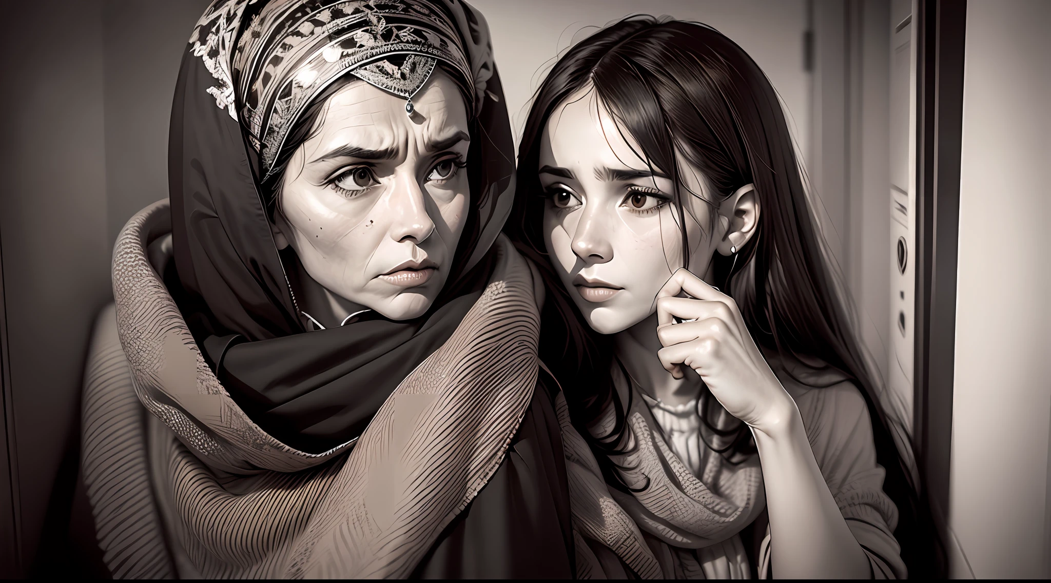 Generate an image depicting a historical scene in the city of Jericho, where two male Israeli warriors converse with a woman named Rahab in a simple dwelling. It's night, the scene should have a cold color palette and detailed settings and costumes reflecting the historical context. The three characters are young, com a mulher sendo excepcionalmente bonita. Their facial expressions should convey concern and worry. Capture the tension of the moment while ensuring accuracy to the historical context, Velho Testamento, 1600 anos antes de Cristo, 4k, HDR