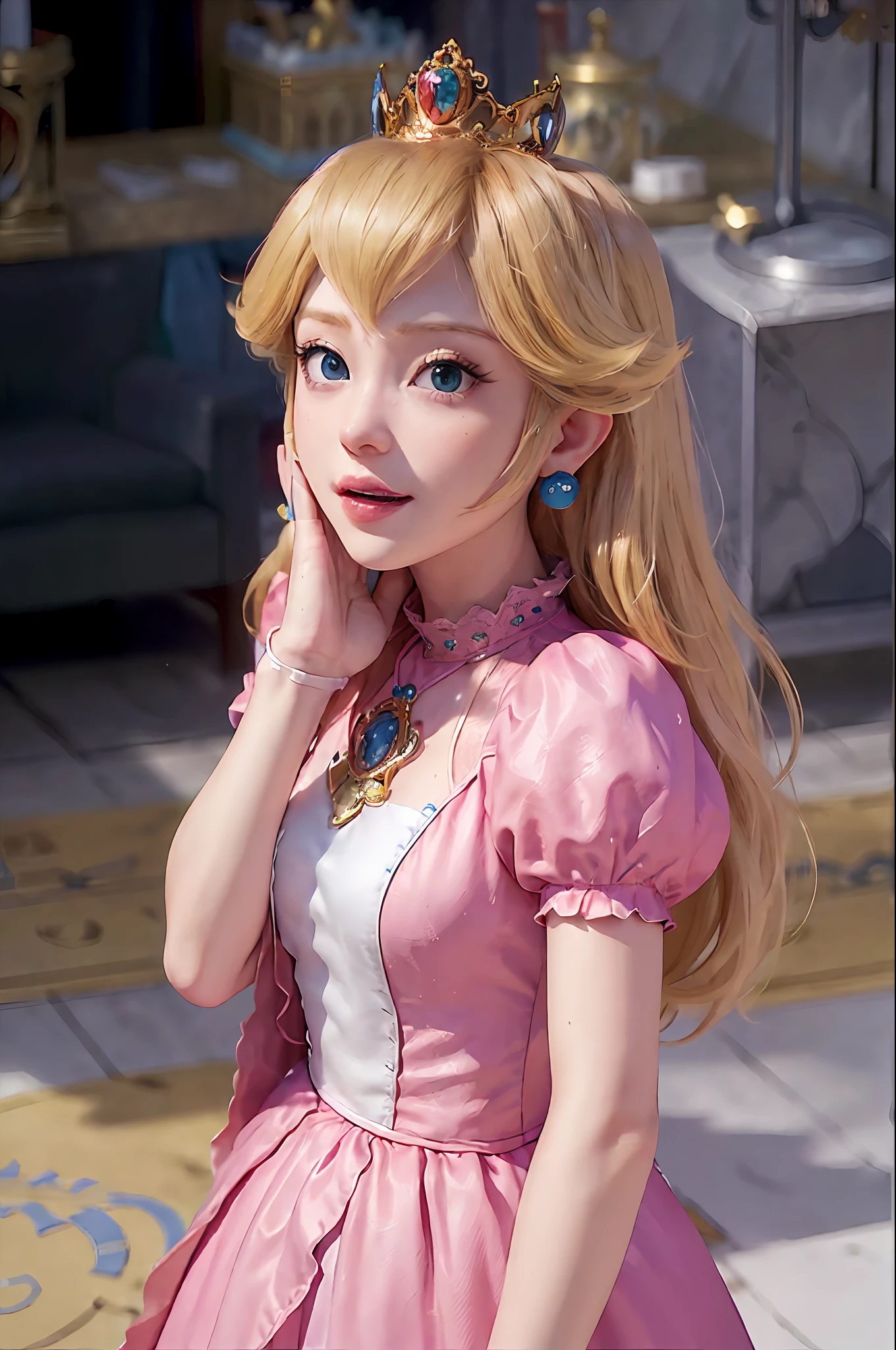 (A masterpie、beste Quality、highly resolution:1.4)、On the castle、Castle、absurdist、1girls、Giant tits、star eye、(PrincessPeach)、(realisti:1.5)、blue eye、happiness、break、pink dress、a Cute 、White arm gloves、from above view、
cowboy-shots、perfect lighting、Unambiguous、looking at the viewers、sidelit、perfect faces、detailed faces、bangs、Perfect body、beautifull eyes、Clean face、bright skin、idol、
Beautiful castle、beautiful city、