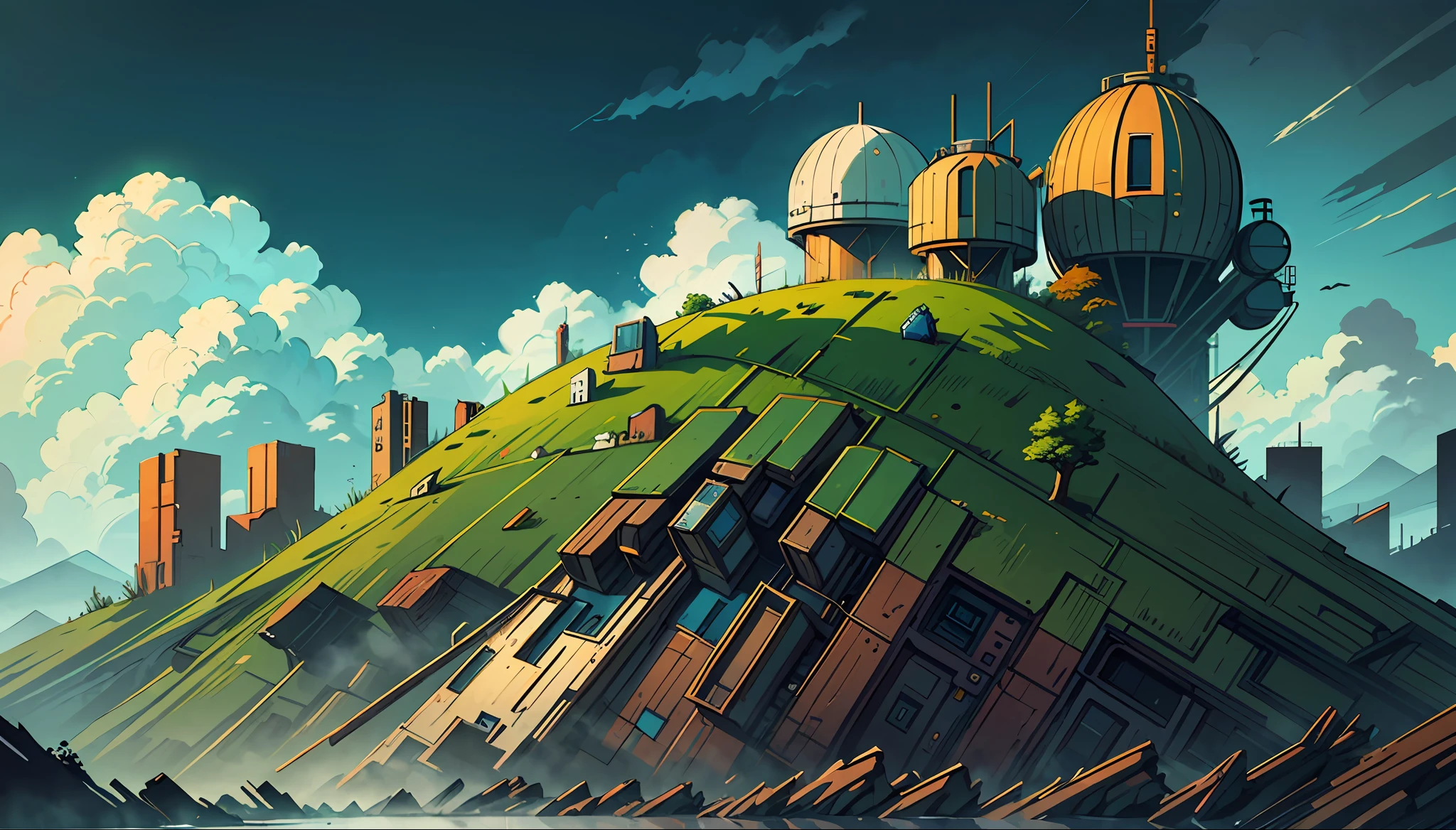 landscape , in the style of simon stalenhag, zbrush, drips and splatters, environmental, barbizon school, cloudpunk, rusty debris --auto --s2