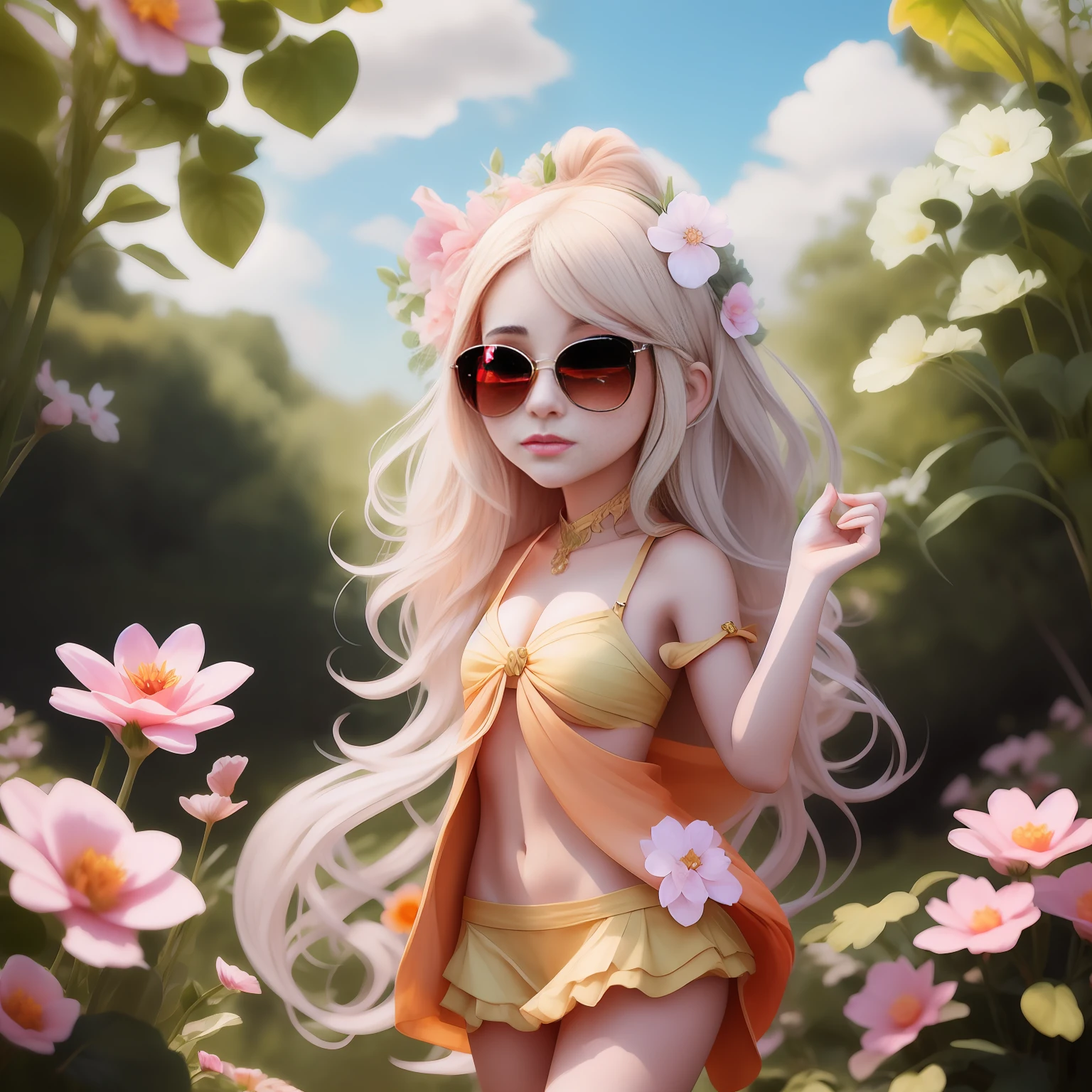 anime girl with long blonde hair and sunglasses in a garden, Obras de arte al estilo de Guweiz, Lindo arte digital detallado, Tendencias en CGVatstation, Loish y Wlop, Chica con un traje de flores, 🌺 CGSociety, Princesa del Loto Dorado, Diosa del verano, Fantasy art style, La diosa del verano, WLOP RossDraws, Chica de la corona floral de loto, obra maestra, rostro perfecto, ojos perfectos, piel suave y detallada