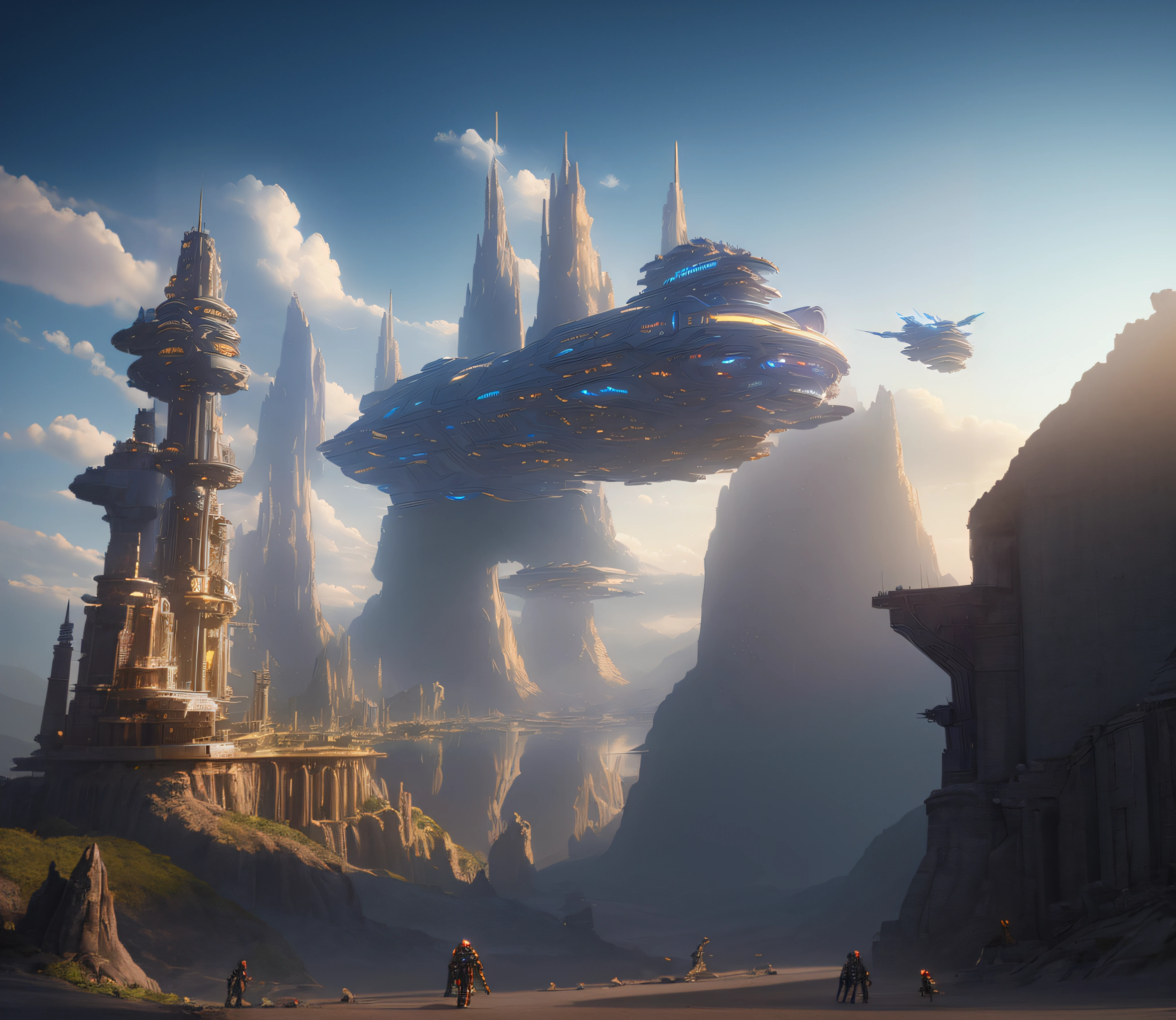 spaceships flying over a futuristic city in a fantasy world, in fantasy sci - fi city, cinematic scifi shot, ancient sci - fi city, fantasy style 8 k octane render, exterior of scifi temple, huge futuristic temple city, big and structured valhalla city, sci-fi scenes, space ship above an island, sci-fi cinematic movie still, scifi landscape
