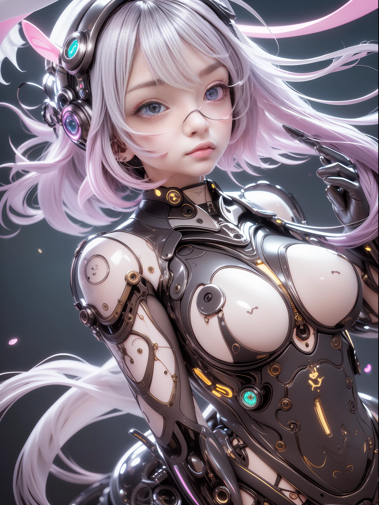 (High-quality images，best illustrations，Beautifully slender，Condensation flutters，The immersion is very strong)，1girl with big breasts，Dark purple mechanical parts are faintly mixed with yellow，Lightning bolts，mechanical parts