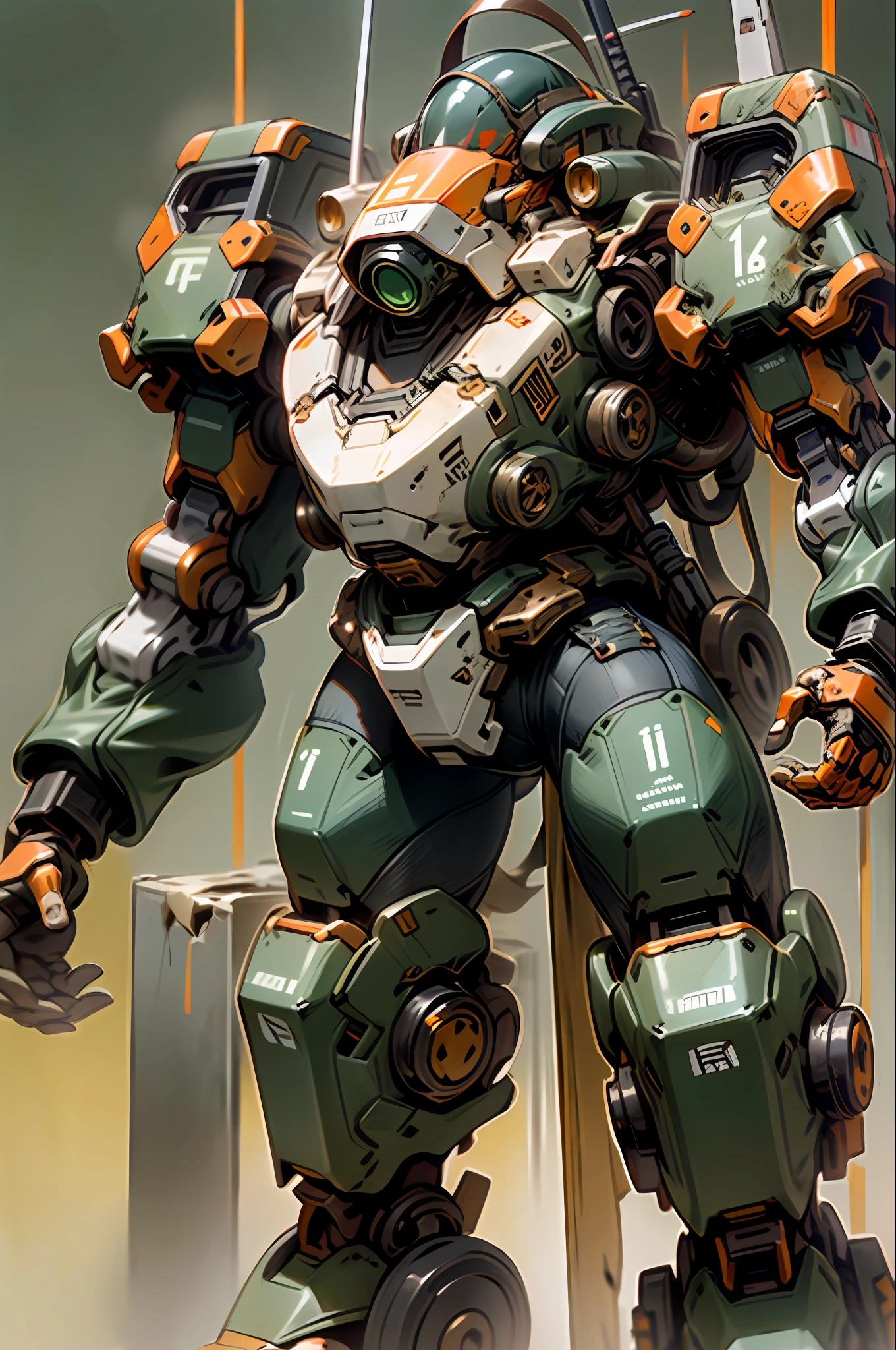 masterspiece，best qulaity，逼真，Heavy mech，Thick shoulders，legsupsexm，Angular armor excess，Battle damage，Rust，The head does not have an antenna，German helmet styling，Dark green overall，A small amount of orange-yellow accents，ruins background，gunfire，Huge gunitis