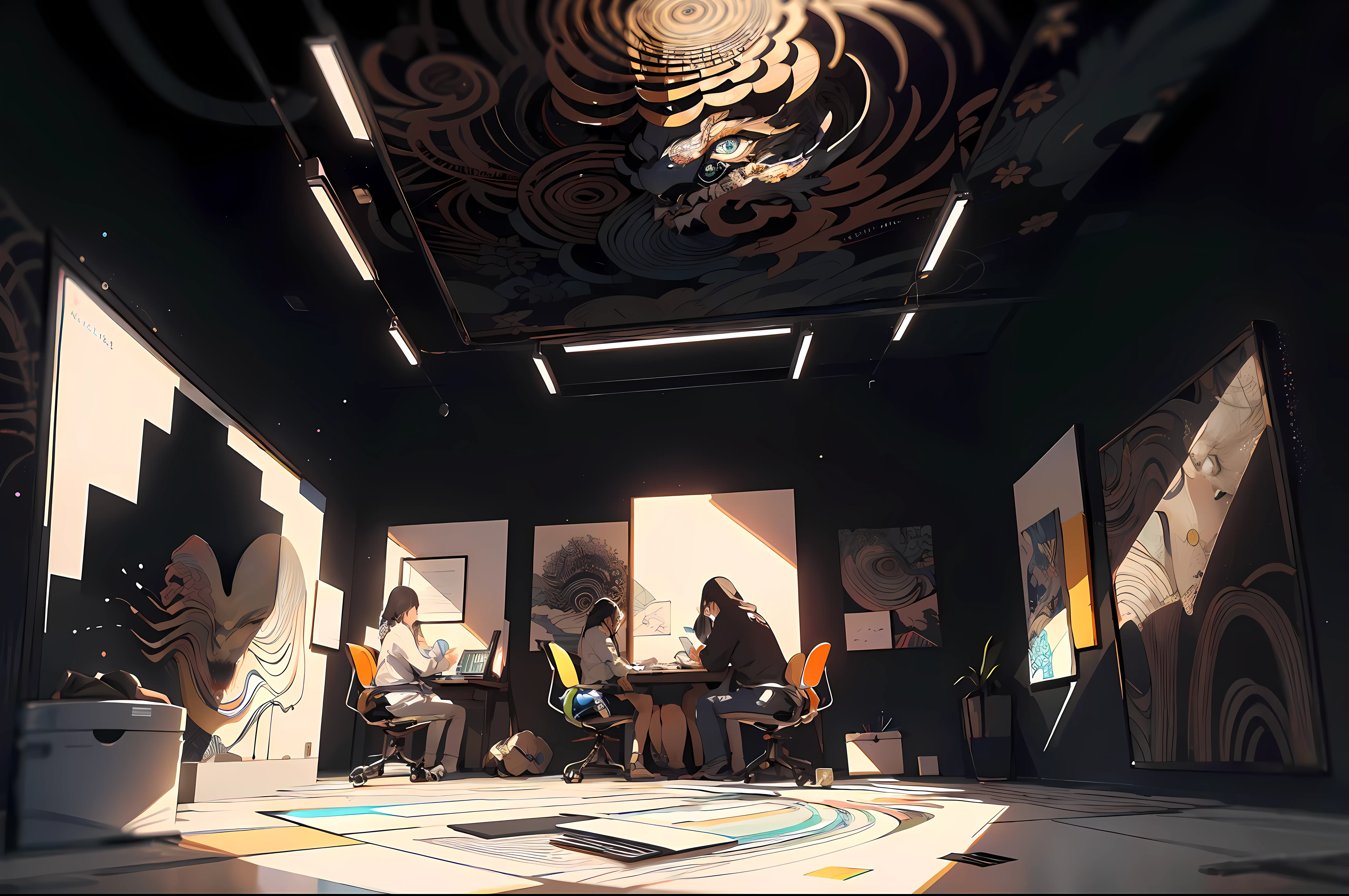 Realistic, (Masterpiece, Top Quality, Best Quality, Official Art, Beauty and Aesthetics: 1.2), Very Detailed, Fractal Art, Colorful, Most Detailed, Zentangle, (Abstract Background: 1.5) (group of designers creating a systen design on a large blackboard inside a room in their office)