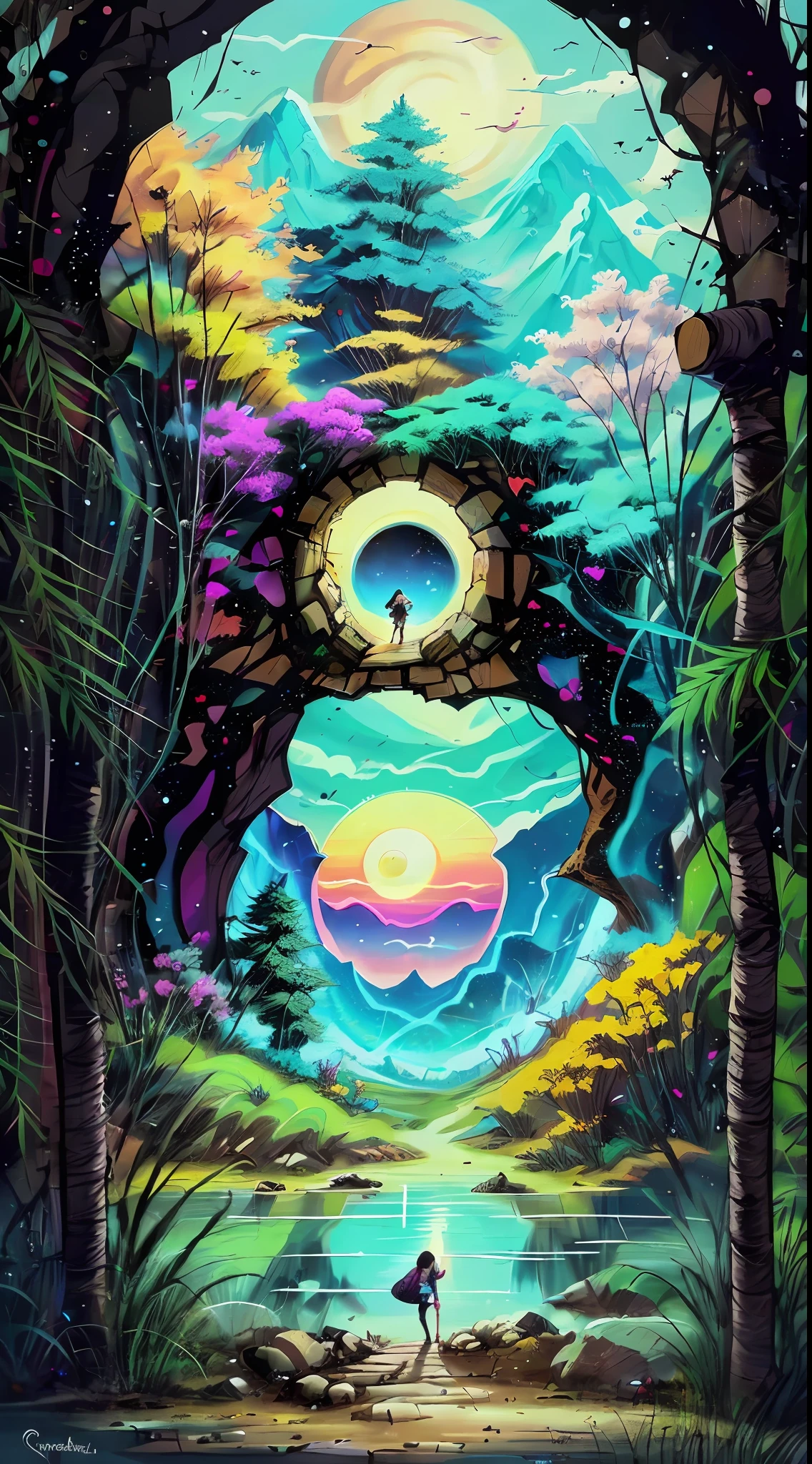 Girl and boyfriend, holding hands, home, Cozy large villa, Flowers, Plants, River, mountains, Wood, Lake, Love, heart, standing in front of a space portal overlooking the pink sun, Cyril Rolando and Goro Fujita, A portal to another universe, inspired by Cyril Rolando, Portal to another dimension, peace, visible only through the portal, high quality fantasy stock photo, Portal to another world, Portal to outer space, in the style of Cyril Rolando,  Looking into space, universe, Magical Galactic Portal, The Cycle of the Stars, God, River, mountain, top, Cannabis, Marijuana