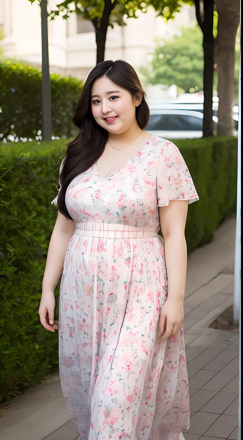 Extremely beautiful and delicate(((Obese woman))),Wearing a long floral dress,Obese woman,Long black ponytail hair,Exquisite and elegant,Warm pink lips,Delicate eyes,ExquisiteDetail,Not exposed,bustiness,Face life with a smile,fotorealistisch,8K HD,Realistic shooting,Soft cinematic lighting,Outdoor streets,Perfect body,(Standing posture),Not exposed