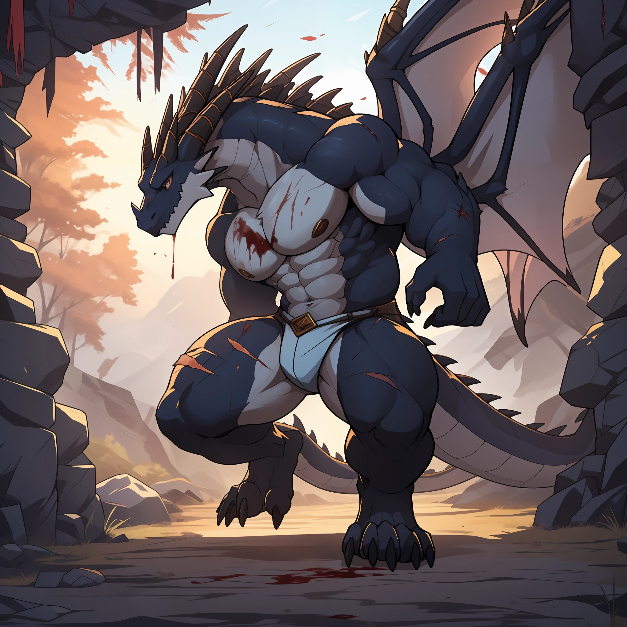 Uploaded on e621, (male anthro dragon), standup, 独奏, muscled, Detailed scale texture, topless body, (Shoulder blades, Leg nails), Black body,White belly，daybreak，tinta，Dim environment，（（drakgem），（（rakisha）），（kontanagamori）），（the front view），[background simple]，Masterpiece artwork，Caustics, edgelighting, Single light source, Sharp shadows, Single portrait, (digitgrade), toe claw,(wounded，wounds)，painful，struggle，Fell，Pained expression，Blood，lie，