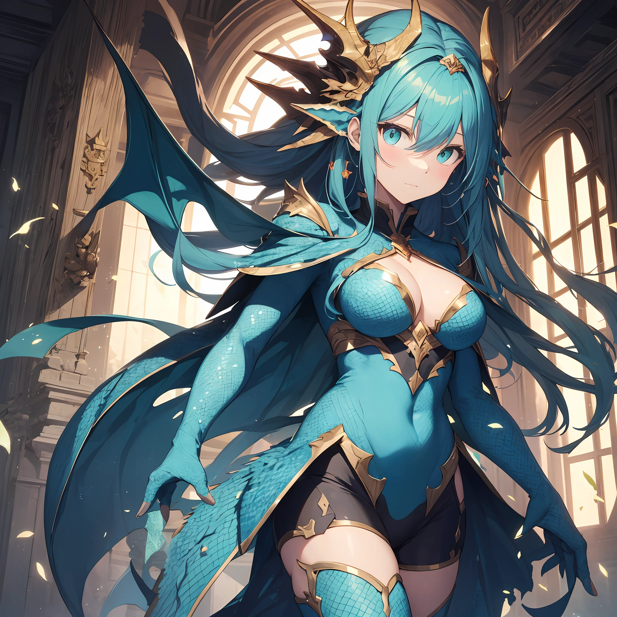 Dragon Girl,The human head and body are covered with dragon scales,The background is in front of a dimly lit clinic