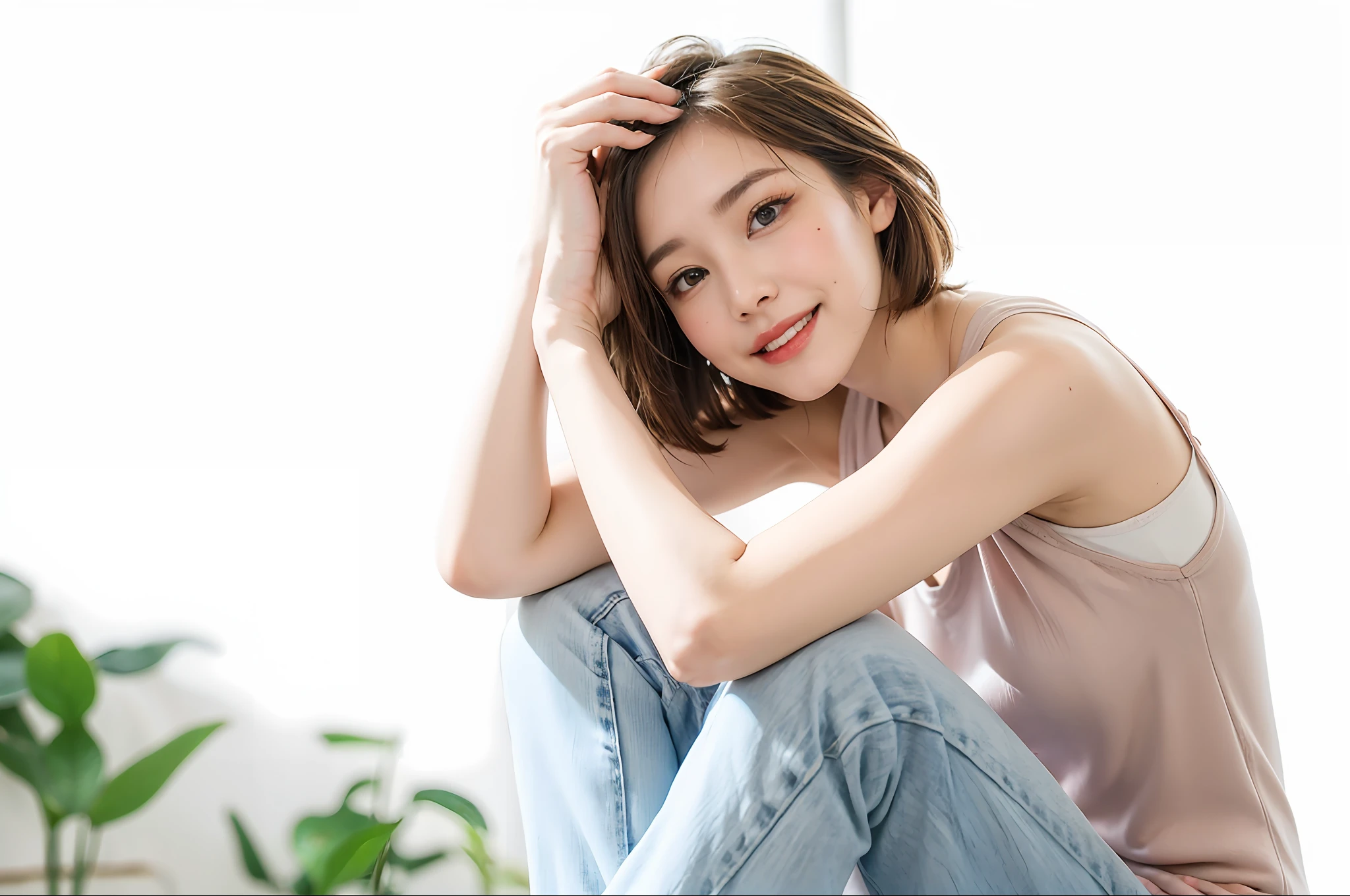 ((masterpiece, top quality, high definition)), 1 girl, (photorealistic: 1.4), solo, white background, snow-white background, mouth closed, happy smile, happy smile, pretty black hair, short hair, big eyes, clear double eyelids, eyelashes, ears out, long neck, long neck, absolute area, ((face close-up)), (drawing all head, shoulders), 19 years old, Attractive proportions, shiny skin, clean collarbone, golden ratio face, perfect face, teardrop mole, mole on chest, bangs, clean bangs, lip gloss, thin lips, pale skin, naked, big breasts, small face, small face, draw all head, draw all shoulders