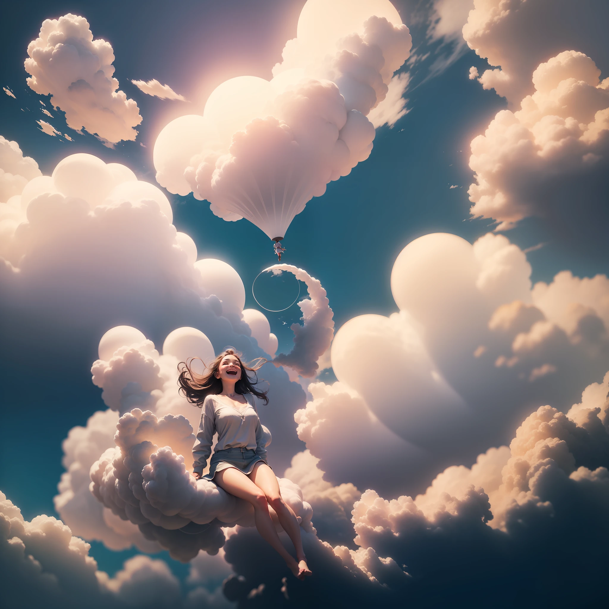 masterpiece, best quality, movie still, 1girl, floating in the sky, cloud girl, cloud, (close-up:1.1), bright, happy, fun, soft lighting, (Bauhaus, shapes, lines, abstract:1.1)