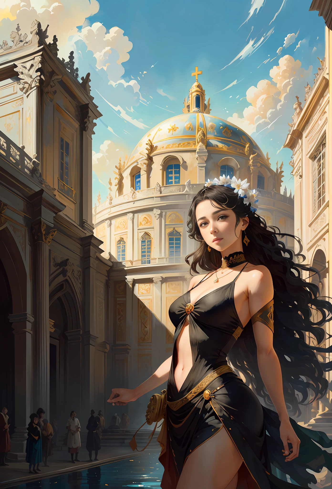 Model shooting style, (extremely detailed CG Unity 8k wallpaper), full-shot body photo of the most beautiful artwork in the world, stunning beautiful photo realistic available, super realistic super detailed photo, a beautiful girl as a female dancer,complex dress, banquet, crowd, [slight smile],(Chateau de Versailles, Pisa Baptistery Of St. John background, Flowers,navel,crowd),(princess eyes, shining pupils),detailed symmetrical beautiful hazel eyes, detailed gorgeous face, highly detailed, Vibrant, professional majestic oil painting by Ed Blinkey, Atey Ghailan, Studio Ghibli, Jeremy Mann, Greg Manchess, Antonio Moro, ArtStation Trends, CGSociety Trends, Complex, High Detail, Sharp Focus, Dramatic, Realistic Painting Art, by Midjourney and Greg Written by Rutkowski