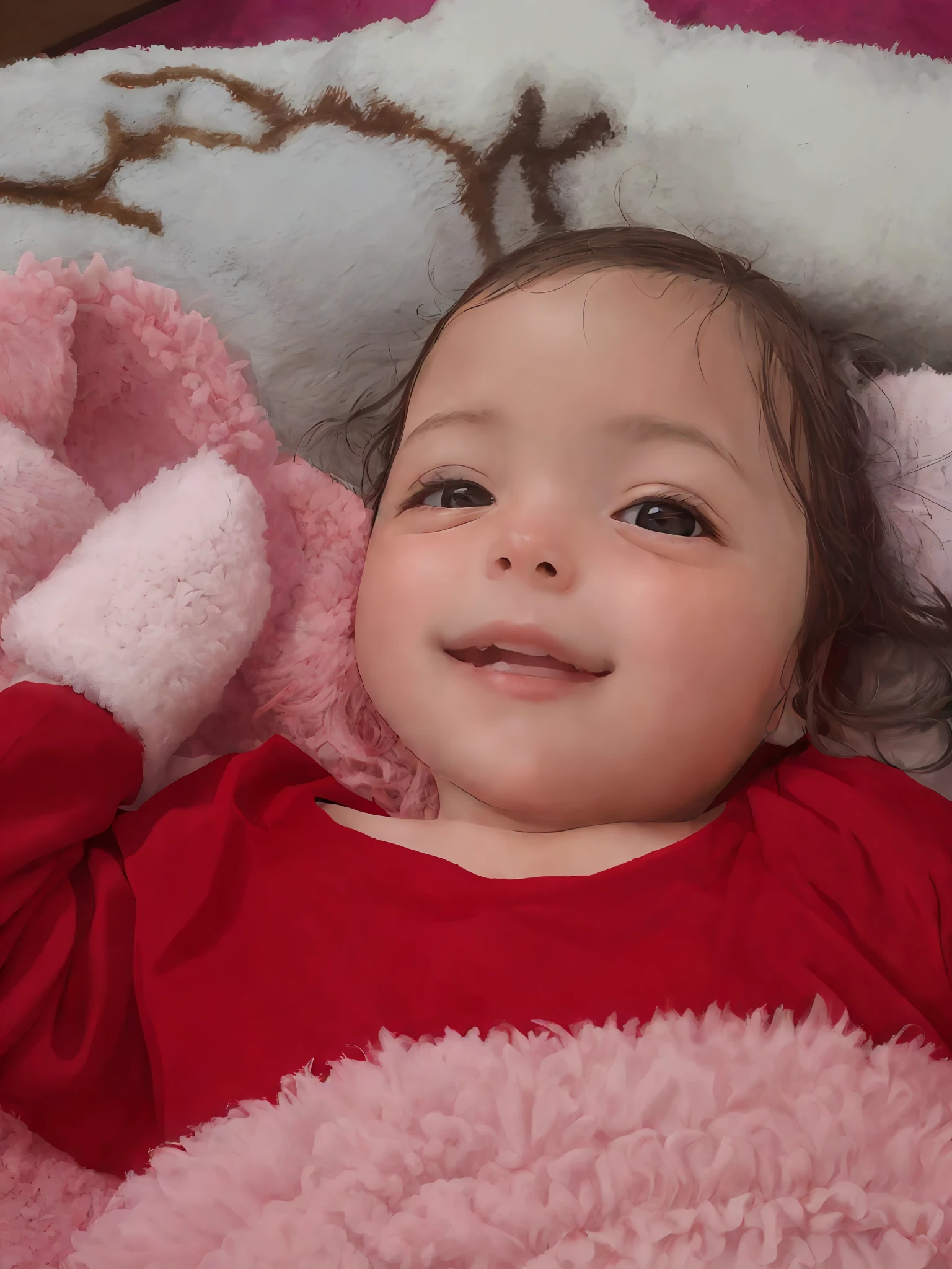 arafed baby laying on a blanket with a pink blanket, bochechas rosadas, muito bobo olhando, alexa grace, muito ligeiramente sorridente, foto de retrato em close-up, Kaitlyn Michelle Siragusa, closeup of an adorable, happily smiling at the camera, not cropped, Looking towards the camera, Foto O Closeup, doce e inocente, holding it out to the camera
