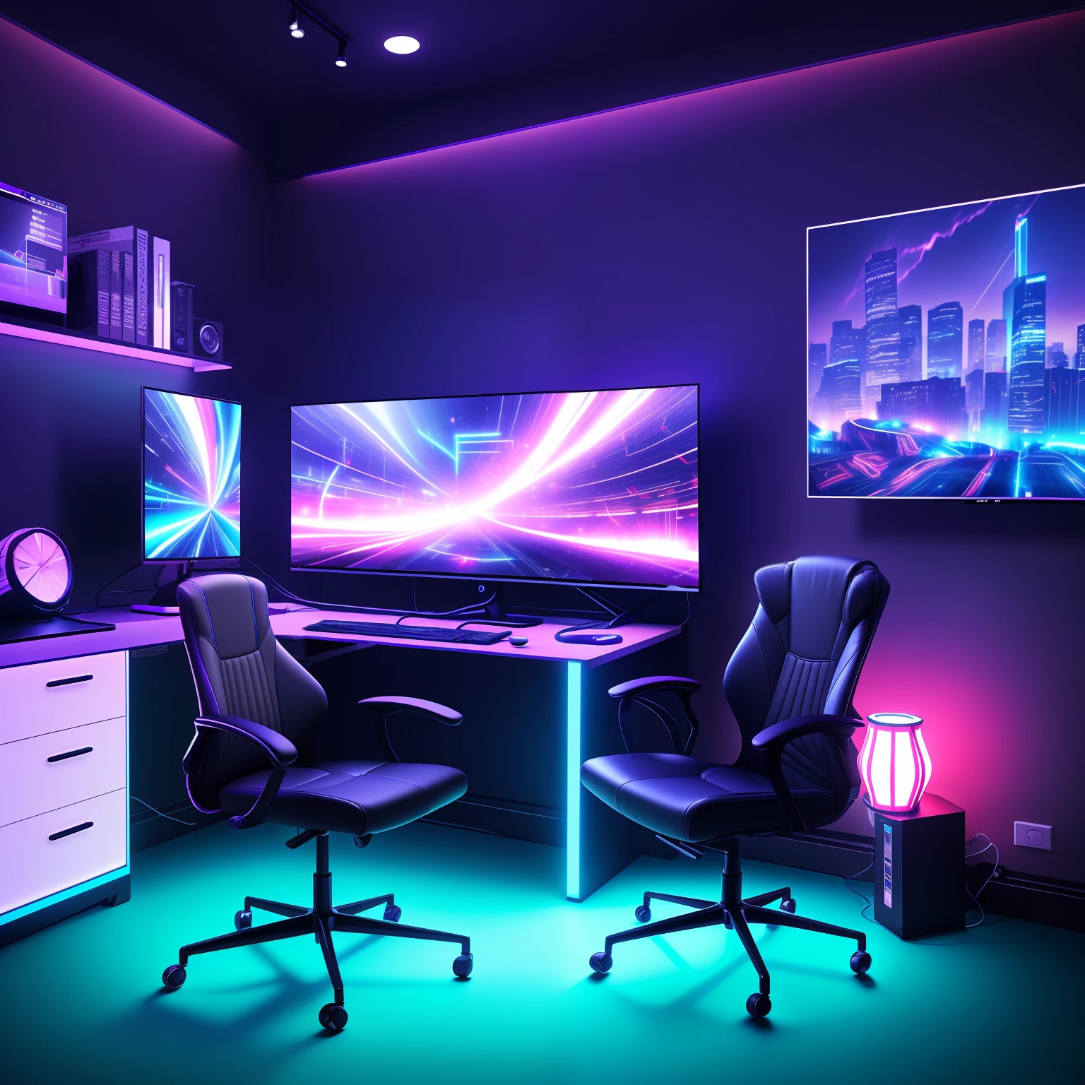 E-sports room, Computer chair, Bright lights, Beautiful ambient light, Brilliant RGB lighting, subdued lighting, Delicate lighting, High-definition ambient lighting, Top ambient lighting, Mysterious atmosphere, LED strip light, Dramatic lighting。 --auto