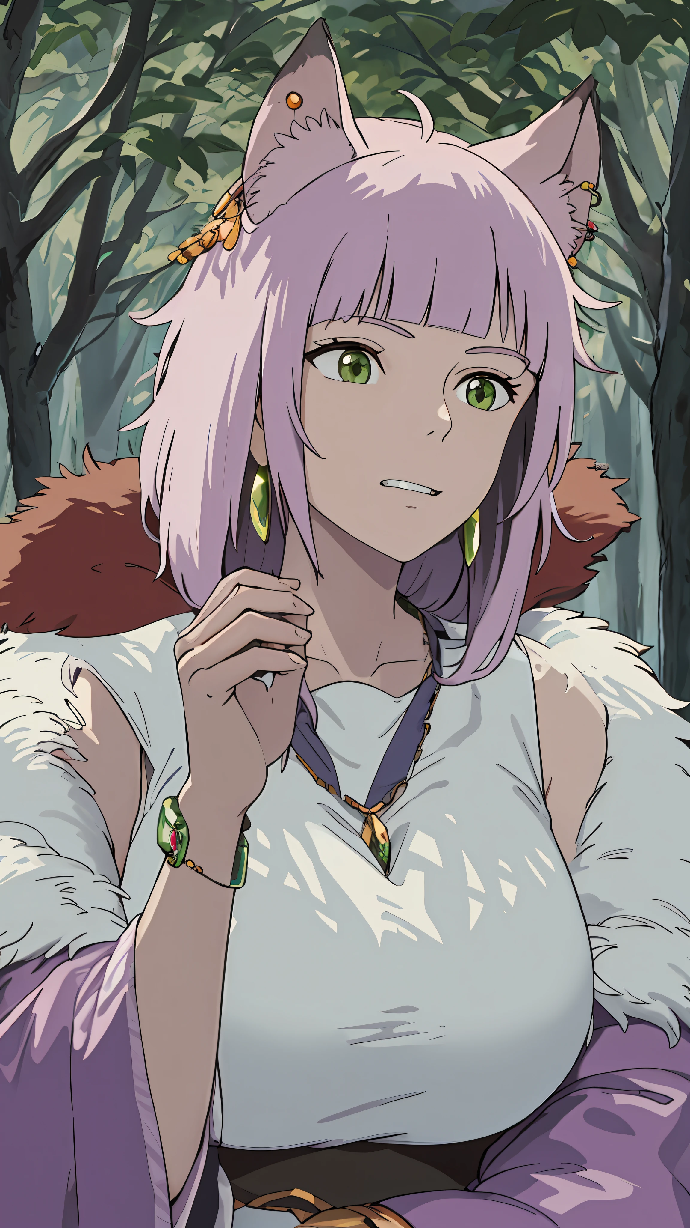 ghibli style,,Armbands,hair bangs,Brunette Big breasts,black undershirt,lagre breasts,capa,tiaras,ear ring,Facebook,floatinghair,forests,Fur cloak,huge breasts green eyes,jewelries,looking at the spectator,mid breasts、naturey、gargantilha、al fresco、partedbangs、chemise、bobhair、Sleeveless、Sleeveless shirt、独奏、Teeth necklace、The tree、upper-body、