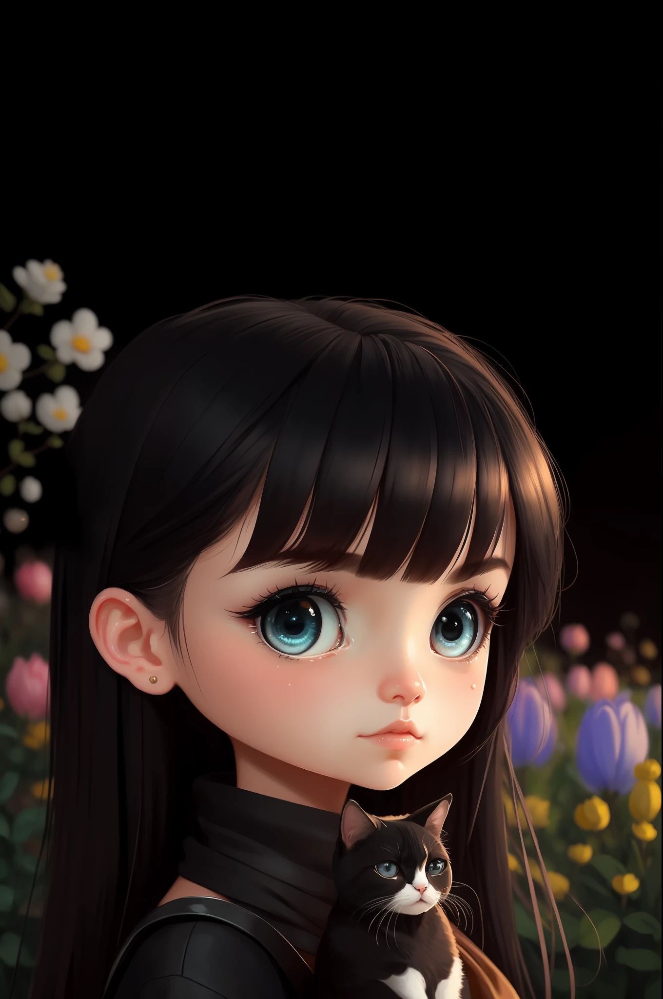 A dreamy izumi, Long black hair, with long bangs, with a very large forehead, with long bangs, with a large nose, and has sad big eyes. she has blue eyes, a big nosereys, and is wearing a black dress with a scarf. In a garden a beautiful portrait of a cat. in the style of greg rutkowski, realistic face and eyes, Trending on ArtStation, Digital Art, highly detailed chibi,