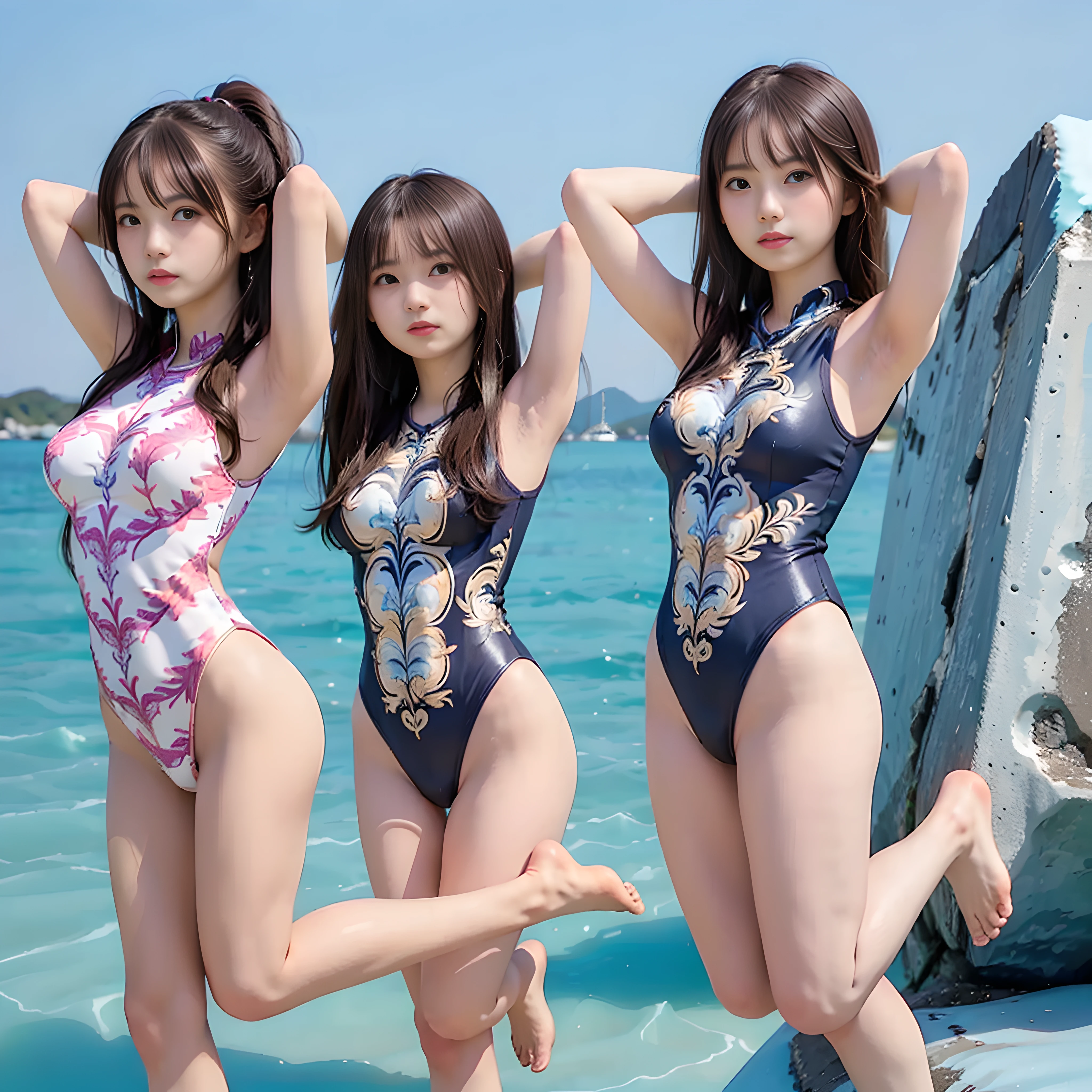 three Japanese girls jumping on an iceberg, (((arms behind head))), dynamic angle, floating long ponytail hair, no shoes, (very detailed toes: 2),large breasts, natural lighting, ultra sharp focus, outside background,wearing floral-printed leotard,(whole body:2), ((3girls))