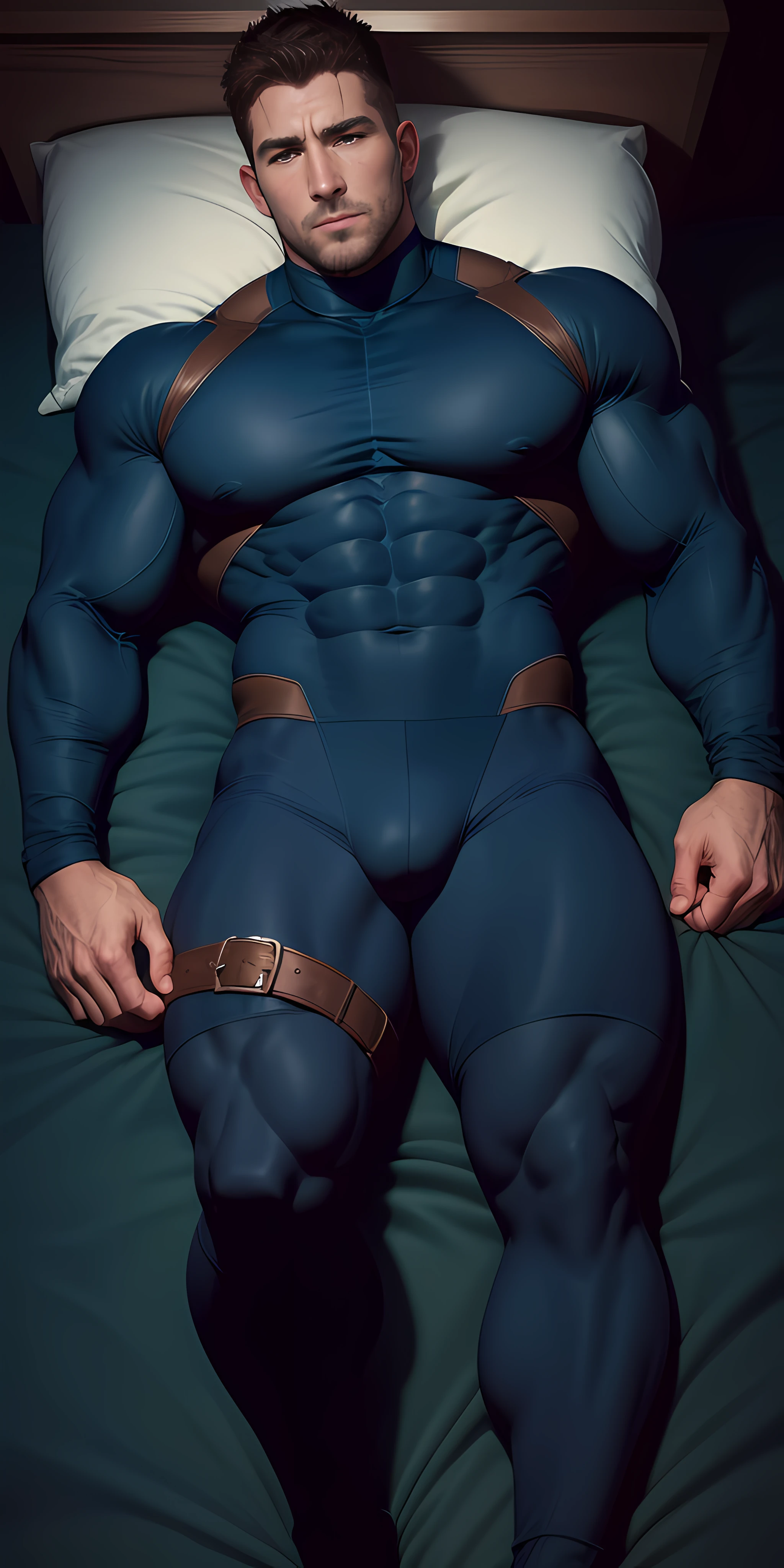 1 muscular man wrapped in a dark blue turtleneck,Sleep on a large bed wrapped in sunken dark blue tentacles,There are plenty of stout dark blue tentacles on the bed,They burrowed between their legs,Eyes are confused,muscular male hero,buzz cut,Tall and burly,very muscular!Tall, Burly, and strong, Sneak suit,Thickened warm tights, Sexy thick legs,super gain and cool, high resolution commission, Character design(Resident Evil - Chris Redfield,Chris Redfield),Rough big feet,Dark blue cotton socks,Attractive strong men,He opened his mouth wide,In the shout