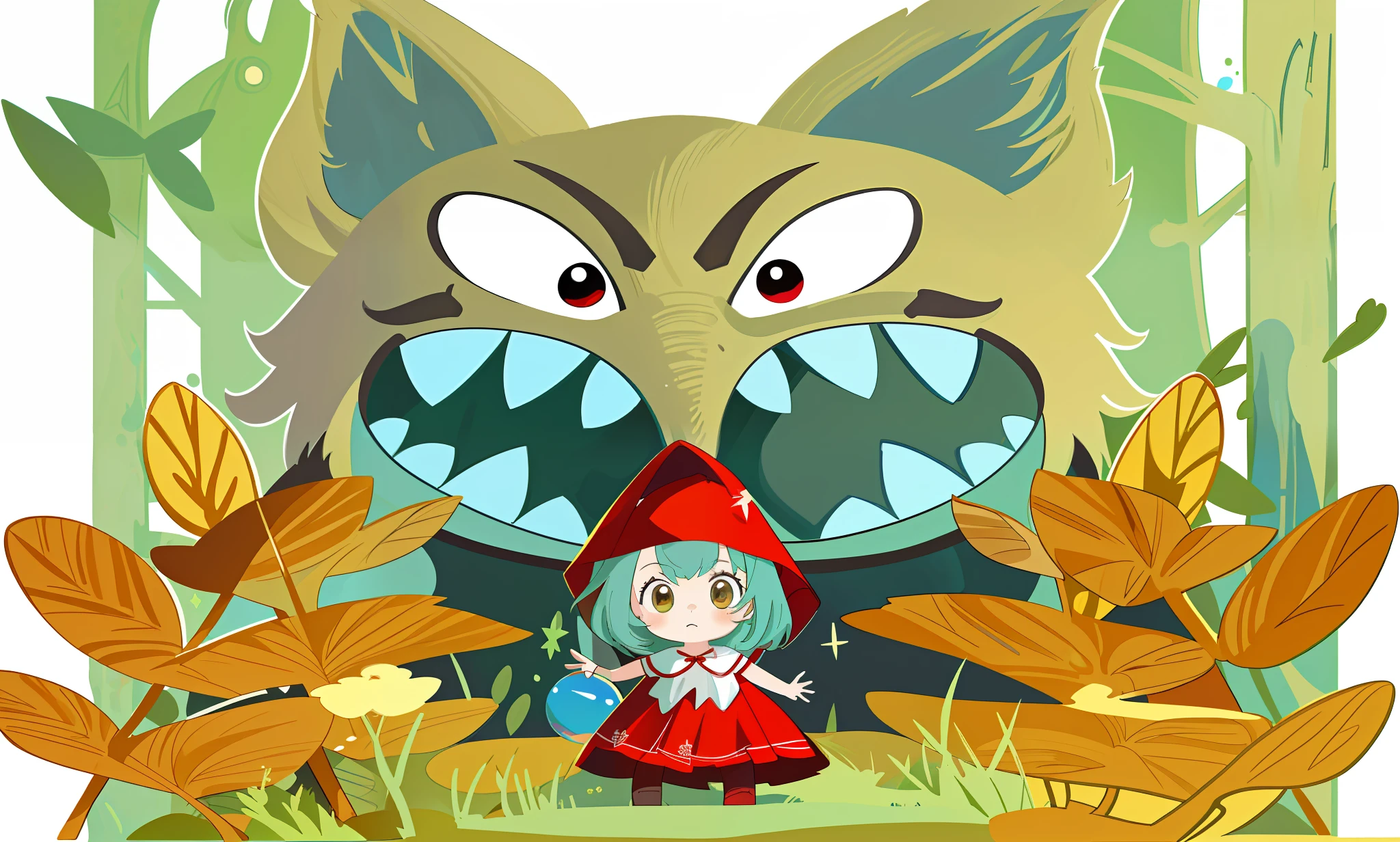 （The Masterpiece，Top quality，best qulaity，officlal art，Beautiful and aesthetic：1.2），there is a cartoon picture of a  and a big wolf, Big bad wolf, red riding hood, fairy-tale illustration style, woods，cute-style
