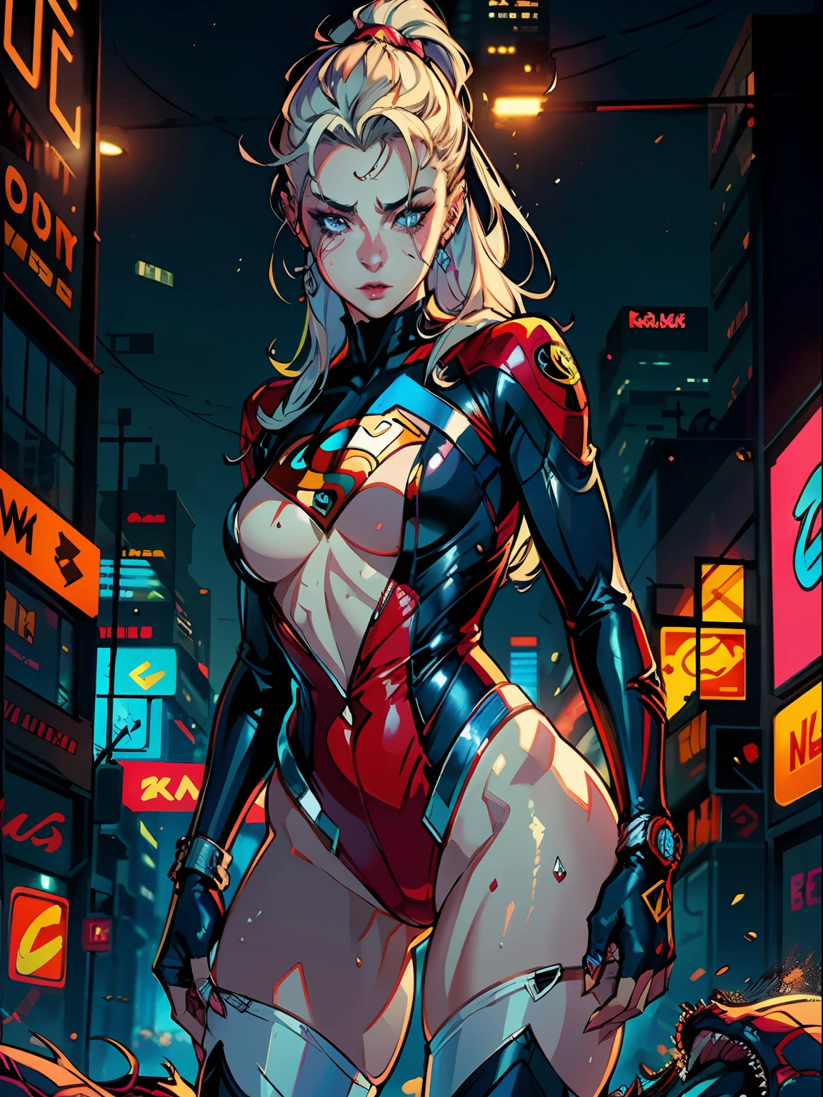 a digital painting of supergirl merging with venom, long hair, cyberpunk art by Josan Gonzalez, winner of the behance contest, afrofuturism, synthwave, neon, shiny neon, thick thighs, thin waist, sensual, nsfw, little clothing, erotic art, anime, torn battle clothes, extremely sexualized, sweaty body, NSFW, big breasts, big ass, HD, 8k, High quality, details, perfect body,  Highlight the body, detail on the perfect face, detail in the background