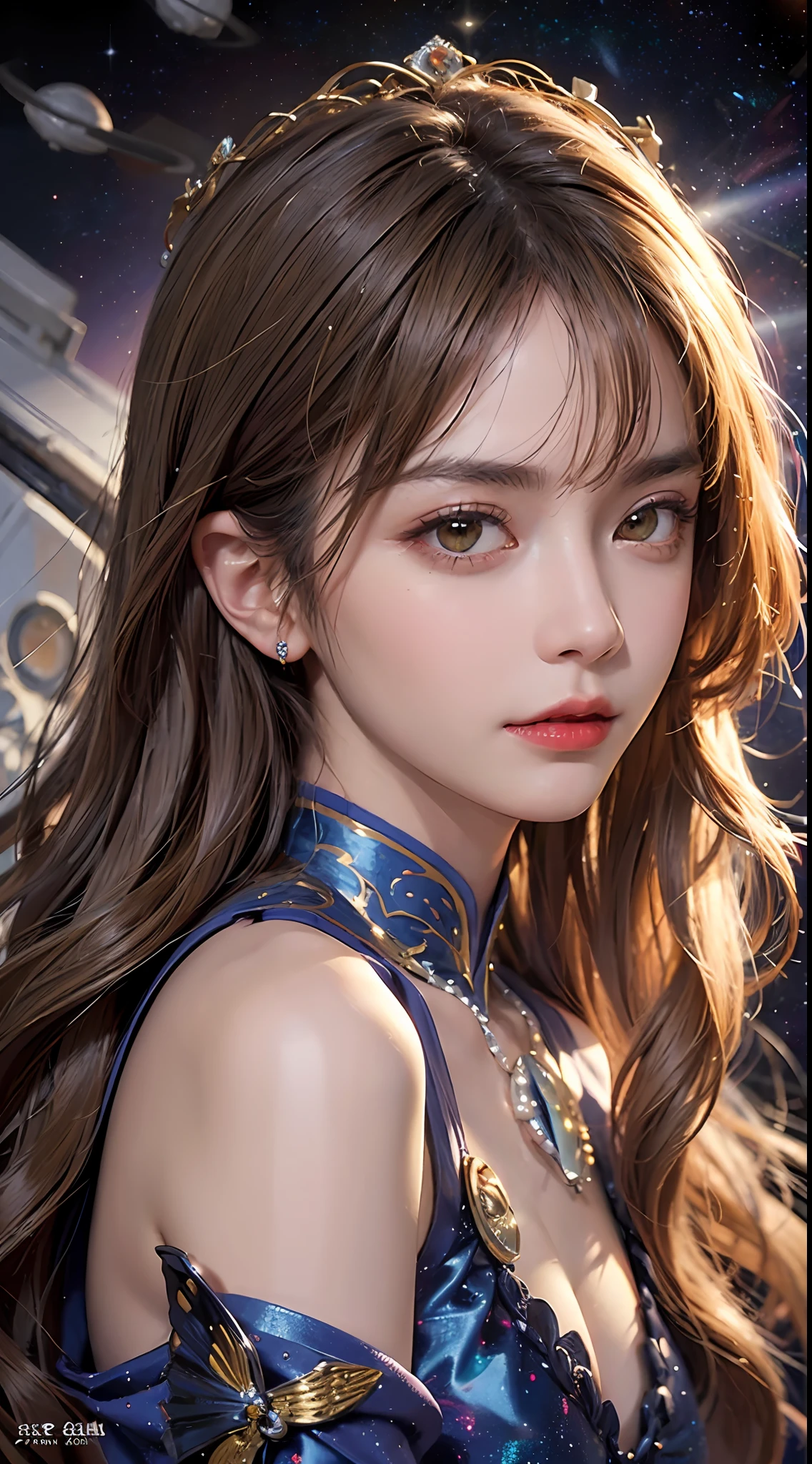 A woman with long hair wearing a blue dress and a tia - SeaArt AI