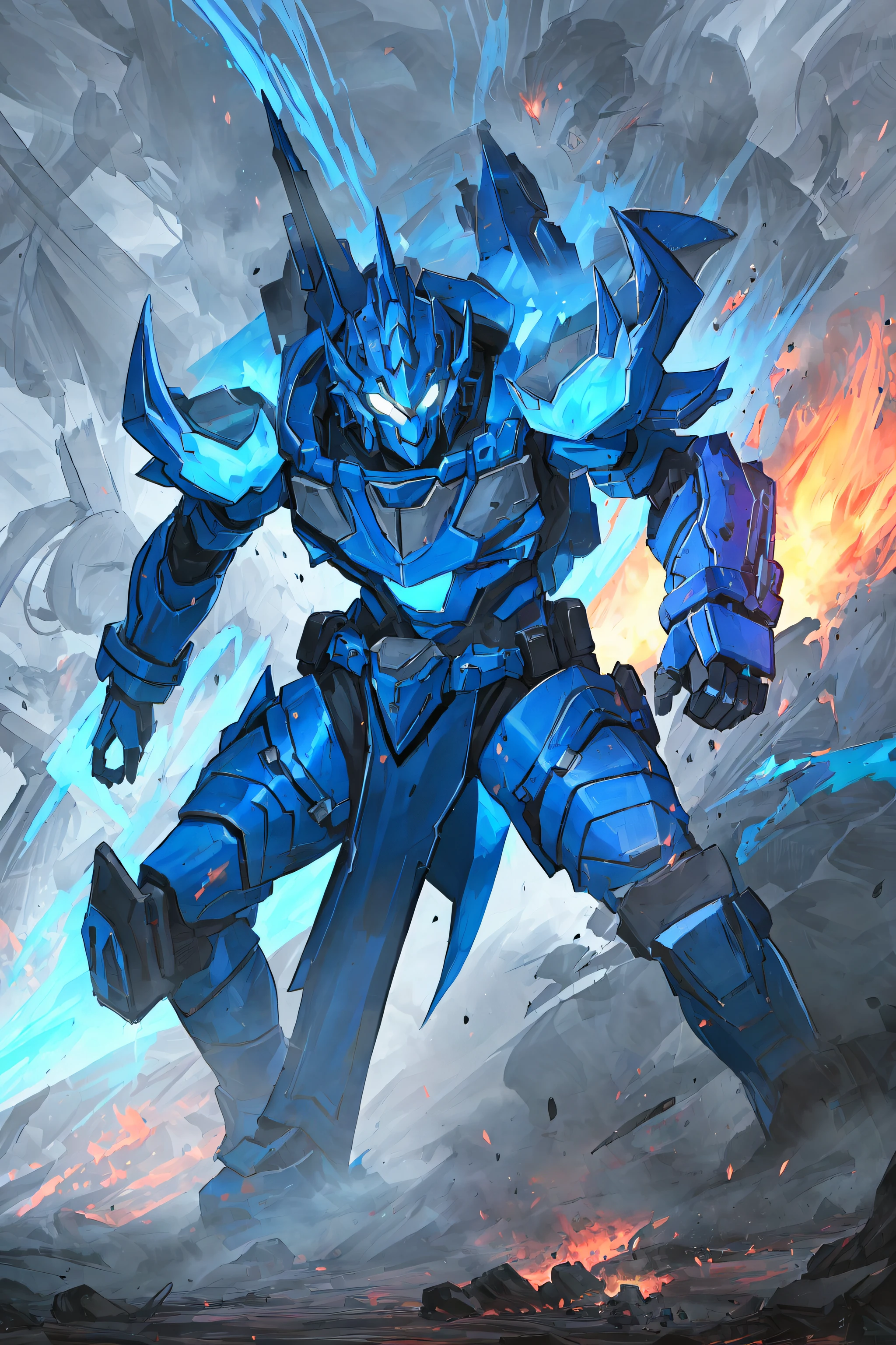 a blue (((robot))), glowing , glowing eyes, full body, highly detailed ,battlefield,
((battle pose, battle stance)) smoke, fire, raining
anime, masterpiece, best quality, (extremely detailed CG unity 8k wallpaper), (best quality), (best illustration), (best shadow), absurd res, realistic lighting, beautiful detailed glow