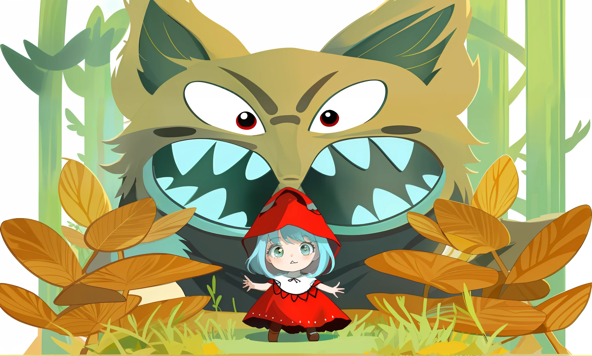 (The Masterpiece,Top quality,best qulity,officlal art,Beautiful and aesthetic:1.2),there is a cartoon picture of a and a big wolf, big bad wolf, red riding hood, fairy-tale illustration style, woods,cute-style