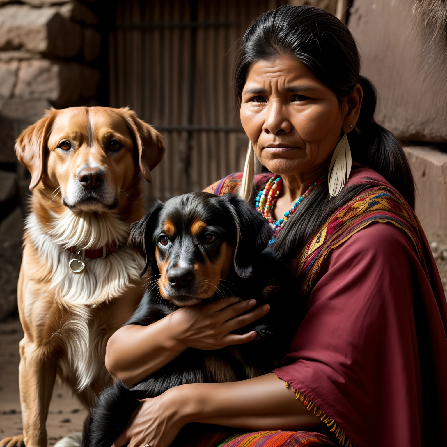 Bolivian indigenous woman, realistic, in twilight Co her dog