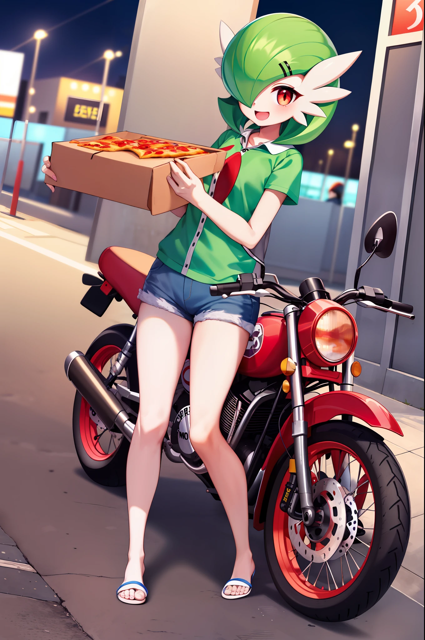 obra maestra, best_quality, 1girl, solo, gardevoir, pokemon \(criatura\), cabello verde, ojos rojos, en una ciudad, de noche, sonrisa, usando shorts, camisa roja, uniforme de pizzeria, lleva una caja de pizza en la mano, caja para pizzas, uniforme ajustado, senos fe******s, senos medianos, detras de ella hay una moto, moto vezzpa.