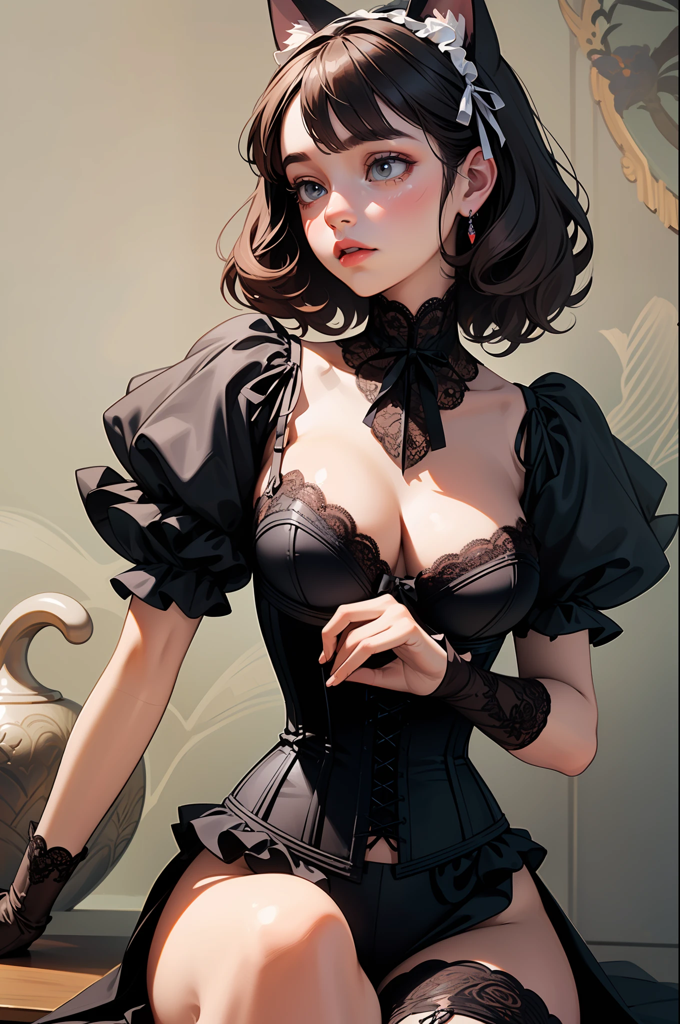 [Artwork of exceptional craftsmanship],(Detailed illustrations,Art based on extremely ideal anatomy,Very detailed and detailed drawing,Delicate lines with slow and rapid,Realistic texture expression),[Color tressed main line],[Strange bedroom background],(Girl Japanese Beauty 15歳 [Luxury Girl] (cat ear ((bbw)) (large chest with drooping,[wide areola]))),(Full body lingerie (White corset) (Ribbon Ruffled Lace Fabric [lolita fashion])),[Realistic and glossy skin expression ([High humidity] (Soft body)),([sitting] [[exhaustion]] gravure),Transparency, soft ambient light,(Perfectly proportioned),(Fine and beautiful skin expression [Transparency]),[Design built to the highest level,[Advanced structural understanding of materials],Ideal color coordination],(Intricate and beautiful decoration [Dense detail]),(More on shiny hair),[Perfect hand details],(Beautiful perfect face [Realistic face details]),[Clear gaze],[long and beautiful eyelashes],[Perfect eye details (Eyes beautifully drawn down to the smallest detail)],[[detailded,high-detail]],([Precision Detail],[[multi-layer texture]],HighQuality,highly resolution),[Accurate simulation of light-material interactions,Understanding Airflow,Mechanically correct representation],[Visual art that conveys a sense of narrative],[[Slightly reduce the saturation]].