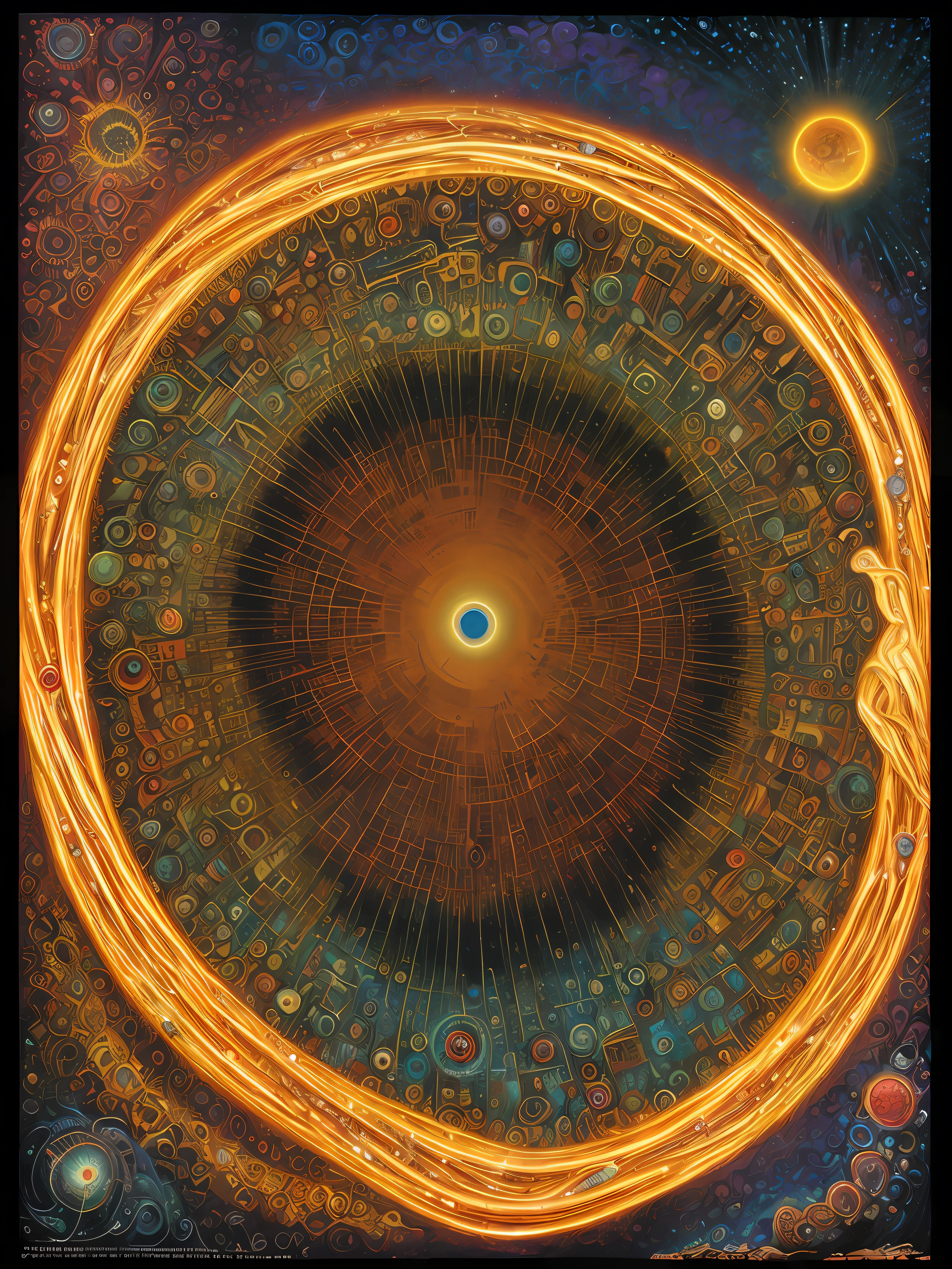 art by Wayne Barlowe, art by Josephine Wall, detailed, sharp image, render, 8k, rim light, closeup, body horror, poster, hdr, intricate, intertwined golden rings, the surface of each ring is covered with many eyes, moving hovering in the sky