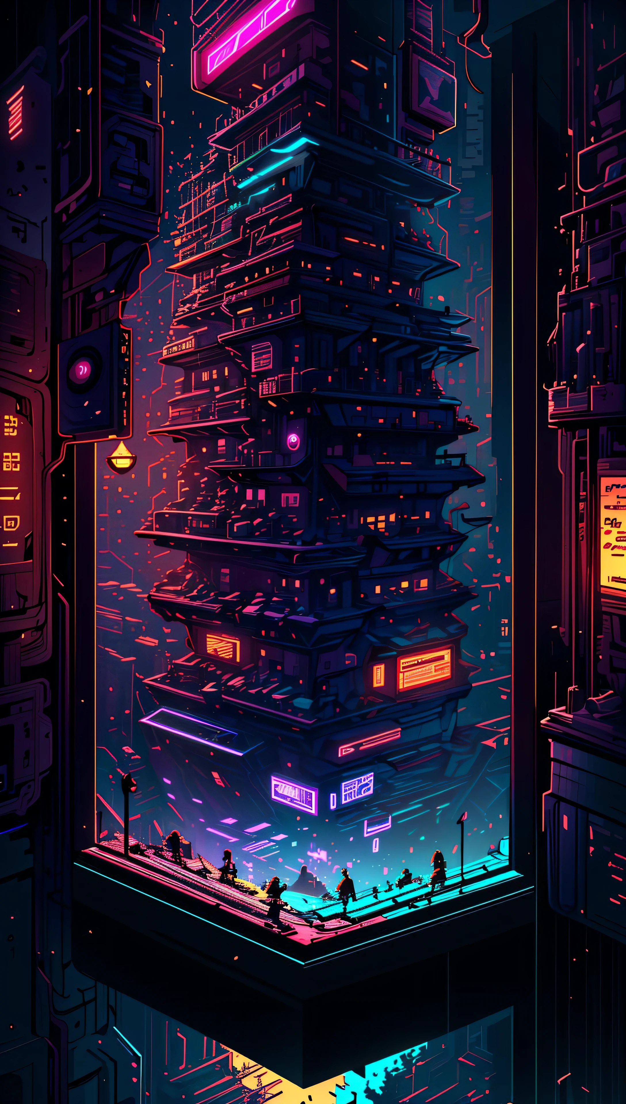 ((Best quality)), ((masterpiece)), (highly detailed:1.3), 3D,(Isometric:1.4),No Humans,StackedCityAI, Welcome to NeoCircuit, a sprawling megacity where neon-lit skyscrapers pierce the night sky and luminescent circuitry weaves through every facet of life. In this isometric cyberpunk metropolis, where reality intertwines with the digital realm, you find yourself at the heart of a thrilling conspiracy.As you navigate the dizzying streets, your eyes are drawn to the mesmerizing glow of the elevated data highways that crisscross the cityscape. Streams of vibrant light pulse with information, connecting the denizens of NeoCircuit to a world of limitless possibilities. The isometric view reveals the city's intricate layers, showcasing the bustling streets, towering arcologies, and clandestine alleyways that hide both secrets and opportunities.But within this neon-lit labyrinth, something sinister lurks in the shadows. The city's power brokers, elusive hackers, and corrupt corporations vie for control, employing advanced technology to manipulate the city's inhabitants. A powerful AI, known as the Oracle, pulls the strings from the depths of cyberspace, its true intentions veiled in enigma.You, an unlikely protagonist, possess unique skills that make you a target and a potential savior. Equipped with a cutting-edge neural implant and augmented reality interface, you possess the ability to unravel the city's mysteries and expose the truth behind NeoCircuit's dark underbelly. The isometric perspective captures the city's sprawling complexity, offering glimpses into hidden corners and secret hideouts, each holding clues to the grand puzzle that awaits.As you delve deeper into the neon-drenched underworld, you encounter a diverse cast of characters, each with their own motivations and agendas. Street-level hackers, rogue operatives, and enigmatic rebels become your allies and adversaries in this high-stakes game of survival. The isometric view allows you to strategize your every move, from navigating perilous rooftops to hacking into secure mainframes, as you gradually uncover a web of corruption that stretches far beyond what you initially imagined.Within the neon-infused cyberpunk tapestry of NeoCircuit, you will confront thrilling challenges and make choices that shape not only your own fate but also the destiny of the entire city. Will you expose the truth and ignite a revolution against the oppressors? Or succumb to the allure of power and become a puppet in the hands of those who manipulate the digital realm? The isometric view grants you a panoramic perspective, urging you to tread carefully as you decide which path to embrace,HDR (High Dynamic Range),Ray Tracing,NVIDIA RTX,Super-Resolution,Unreal 5,Subsurface scattering,PBR Texturing,Post-processing,Anisotropic Filtering,Depth-of-field,Maximum clarity and sharpness,Multi-layered textures,Albedo and Specular maps,Surface shading,Accurate simulation of light-material interaction,Perfect proportions,Octane Render,Two-tone lighting,Low ISO,White balance,Rule of thirds,Wide aperature,8K RAW,Efficient Sub-Pixel,sub-pixel convolution,luminescent particles